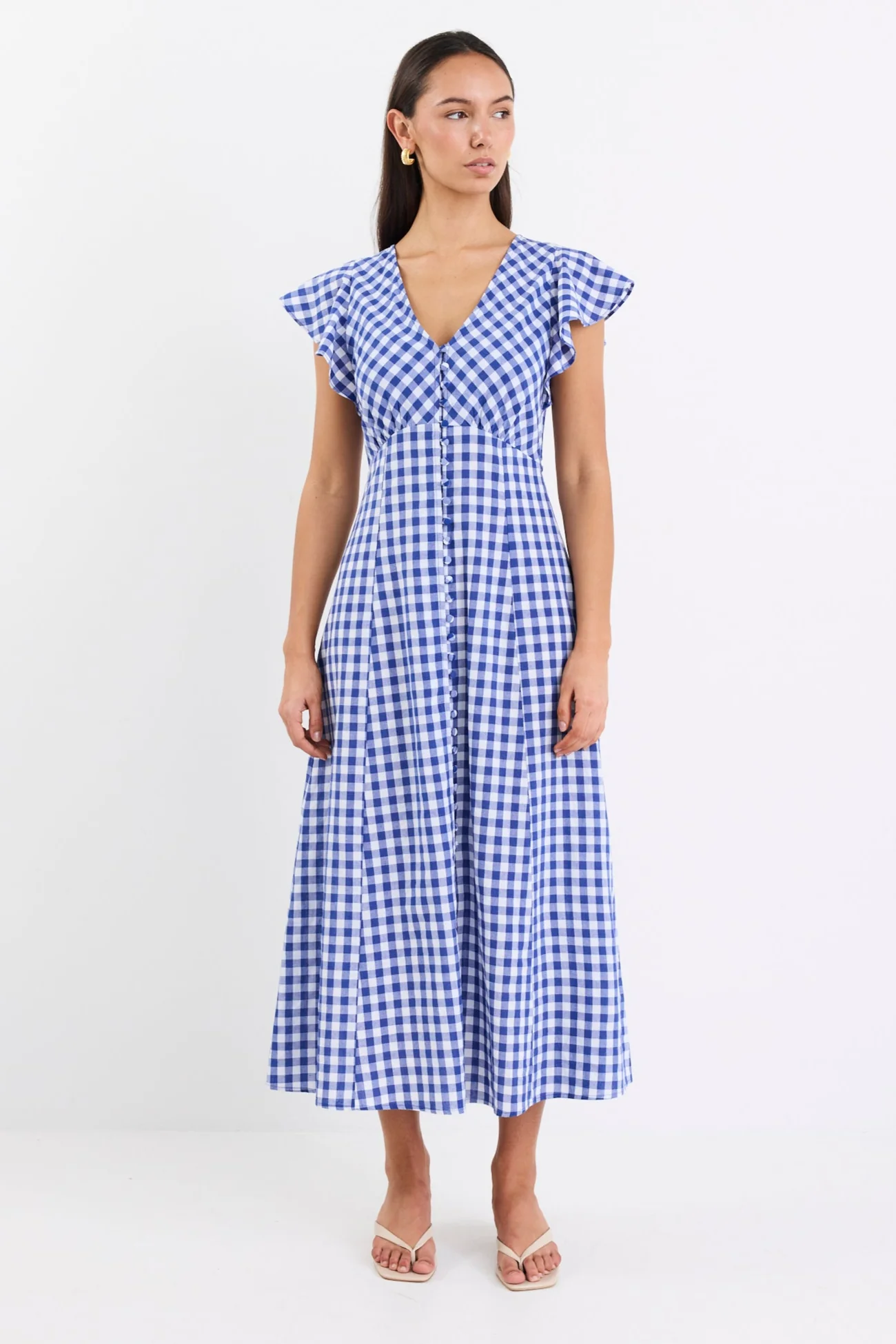 Flawless Blue Gingham Cotton Fluted Sleeve Button Front Midi Dress - Image 2