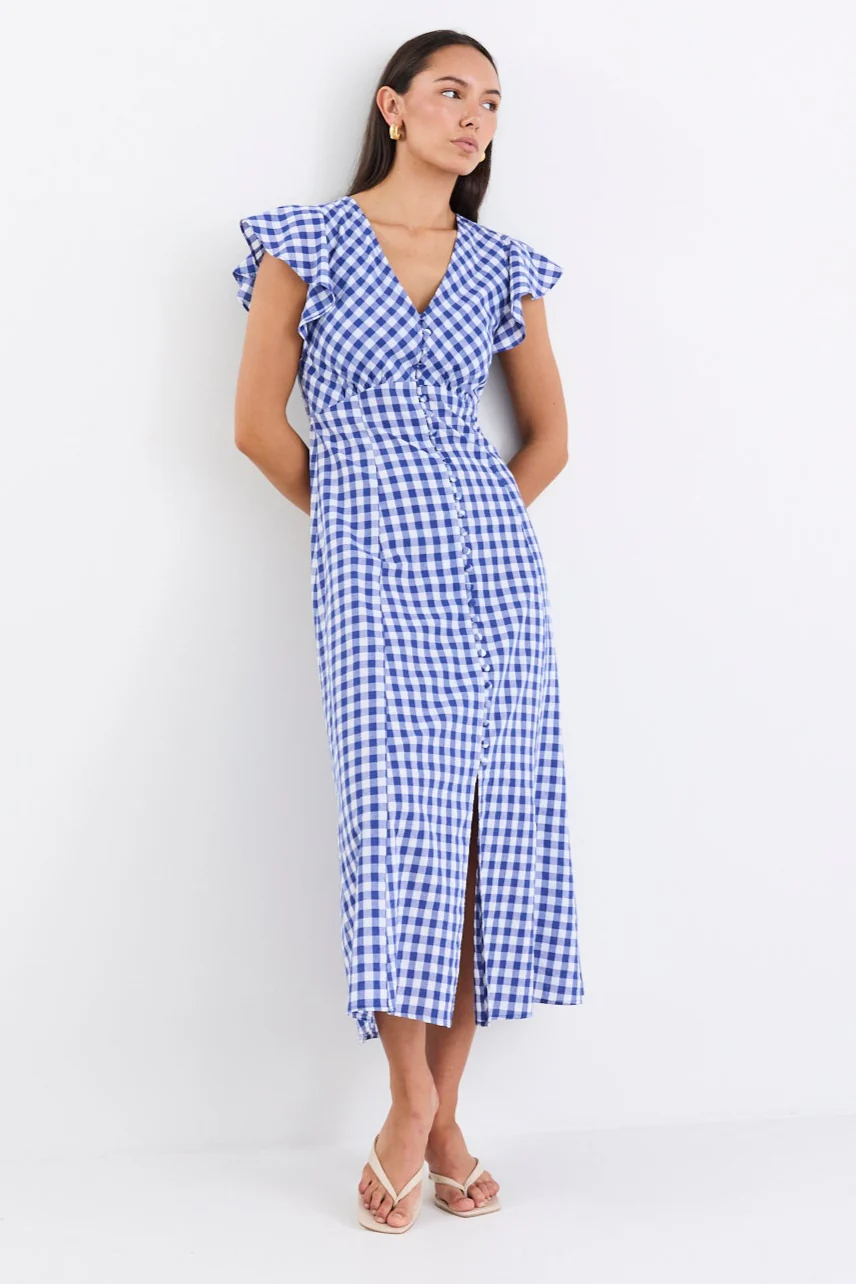 Flawless Blue Gingham Cotton Fluted Sleeve Button Front Midi Dress - Image 4
