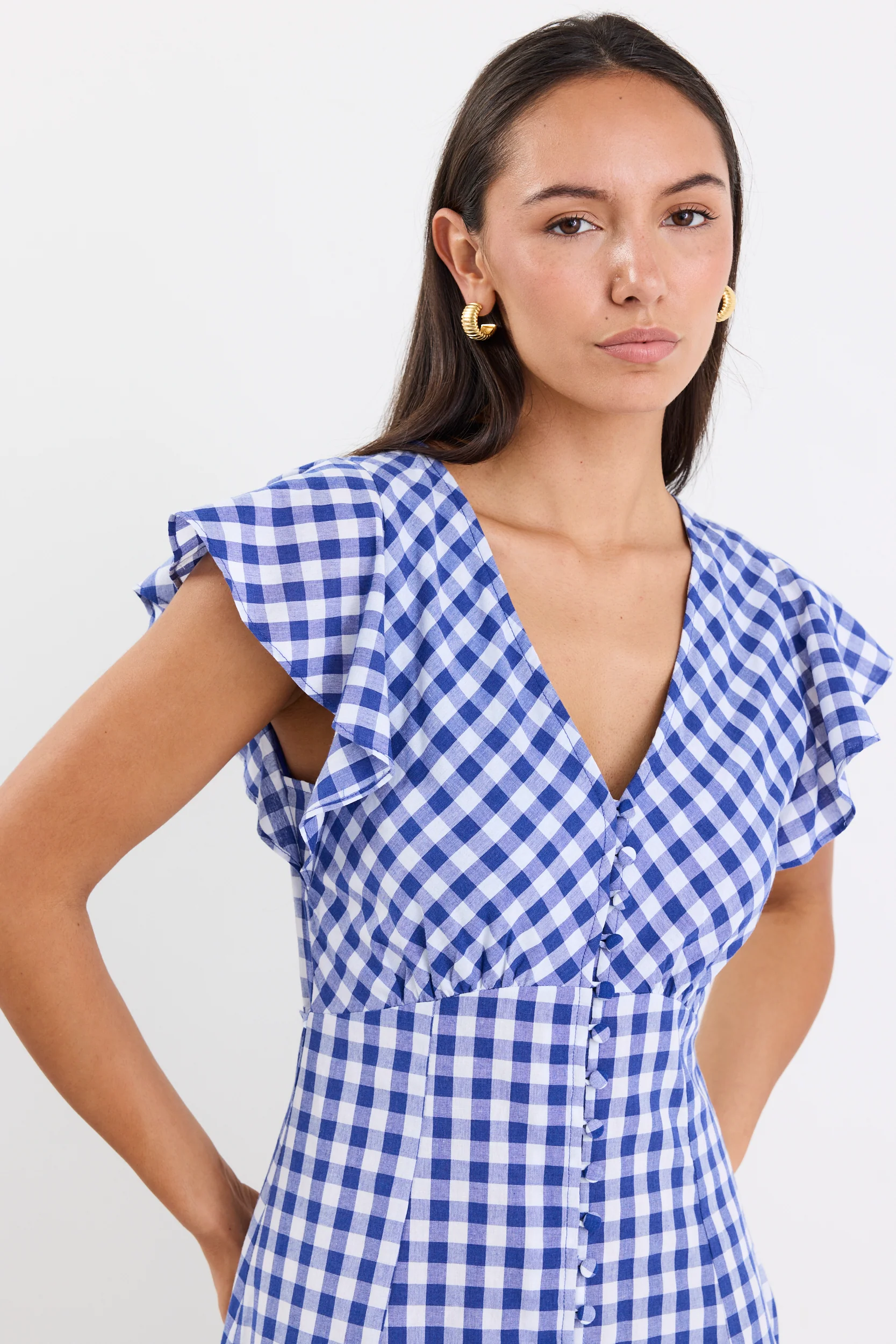 Flawless Blue Gingham Cotton Fluted Sleeve Button Front Midi Dress - Image 5