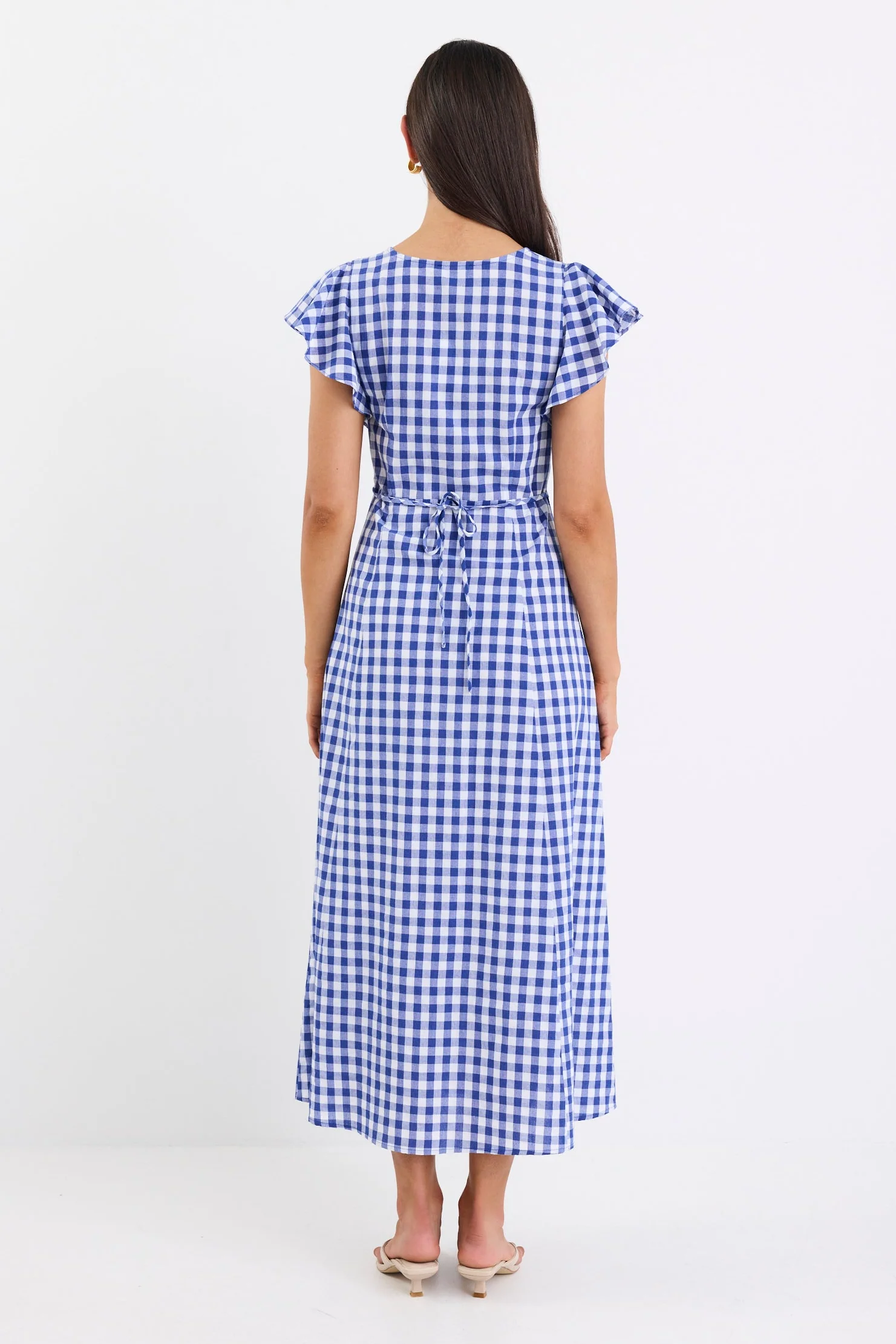 Flawless Blue Gingham Cotton Fluted Sleeve Button Front Midi Dress - Image 6