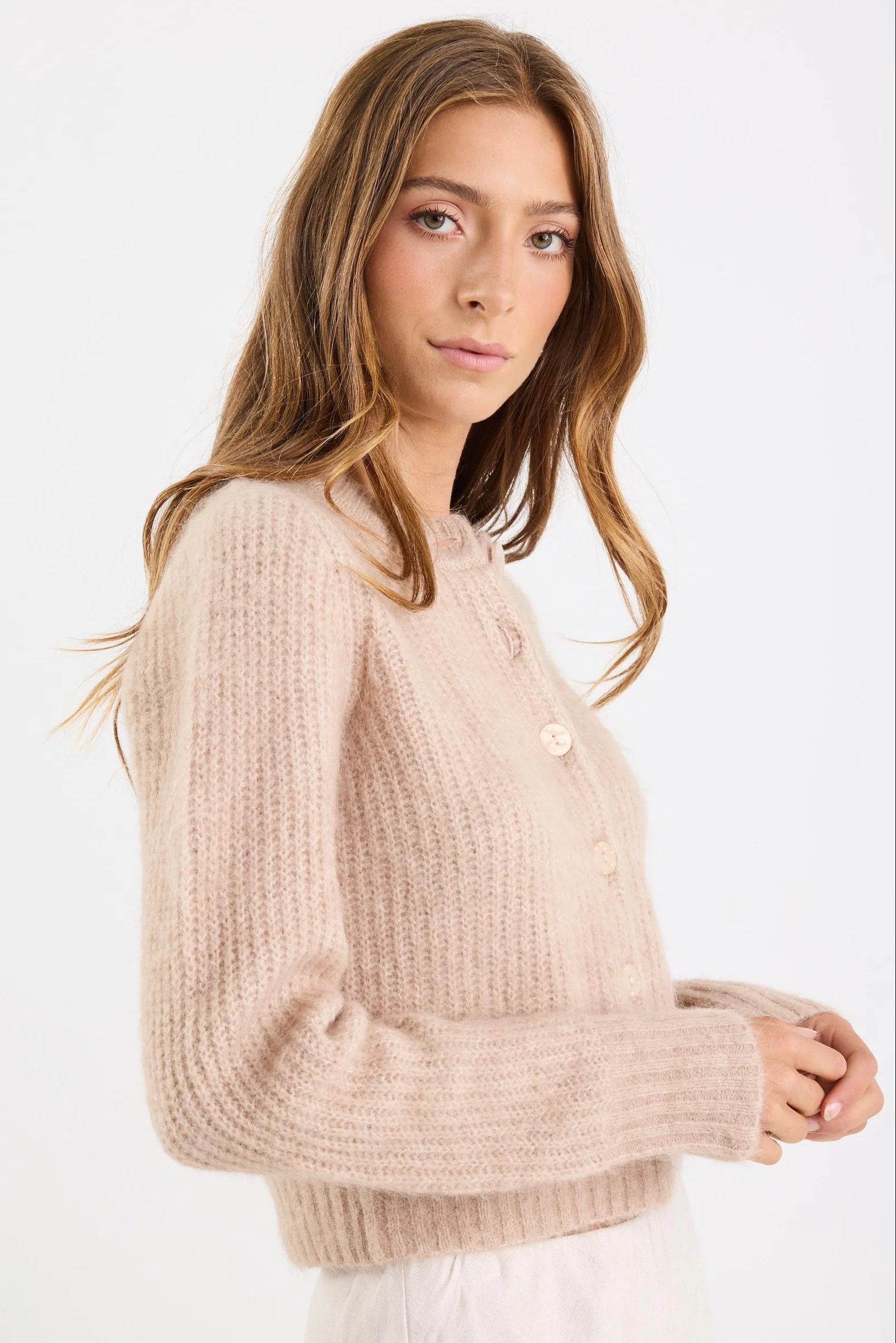 Highlight Biscuit Mohair Blend Crewneck Cardigan - Image 3