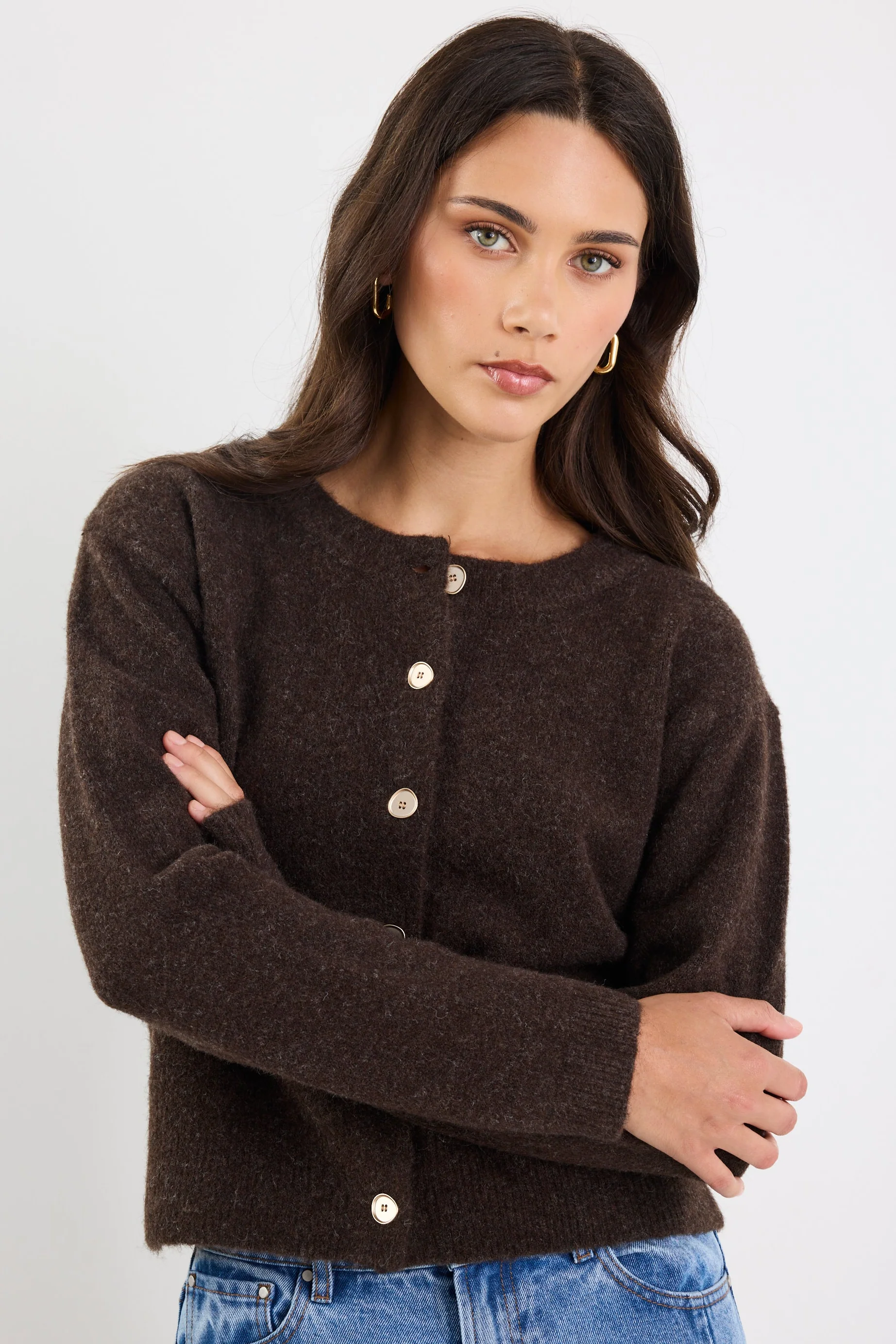 Imprint Chocolate Soft Knit Crewneck Cardigan - Image 4