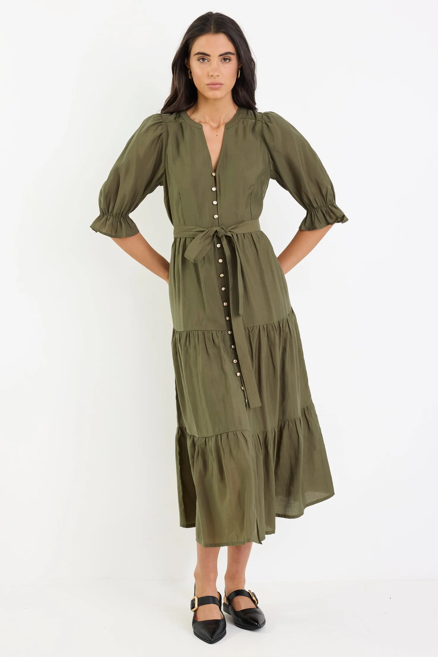 Irresistible Khaki SS Button Front Tiered Maxi Dress