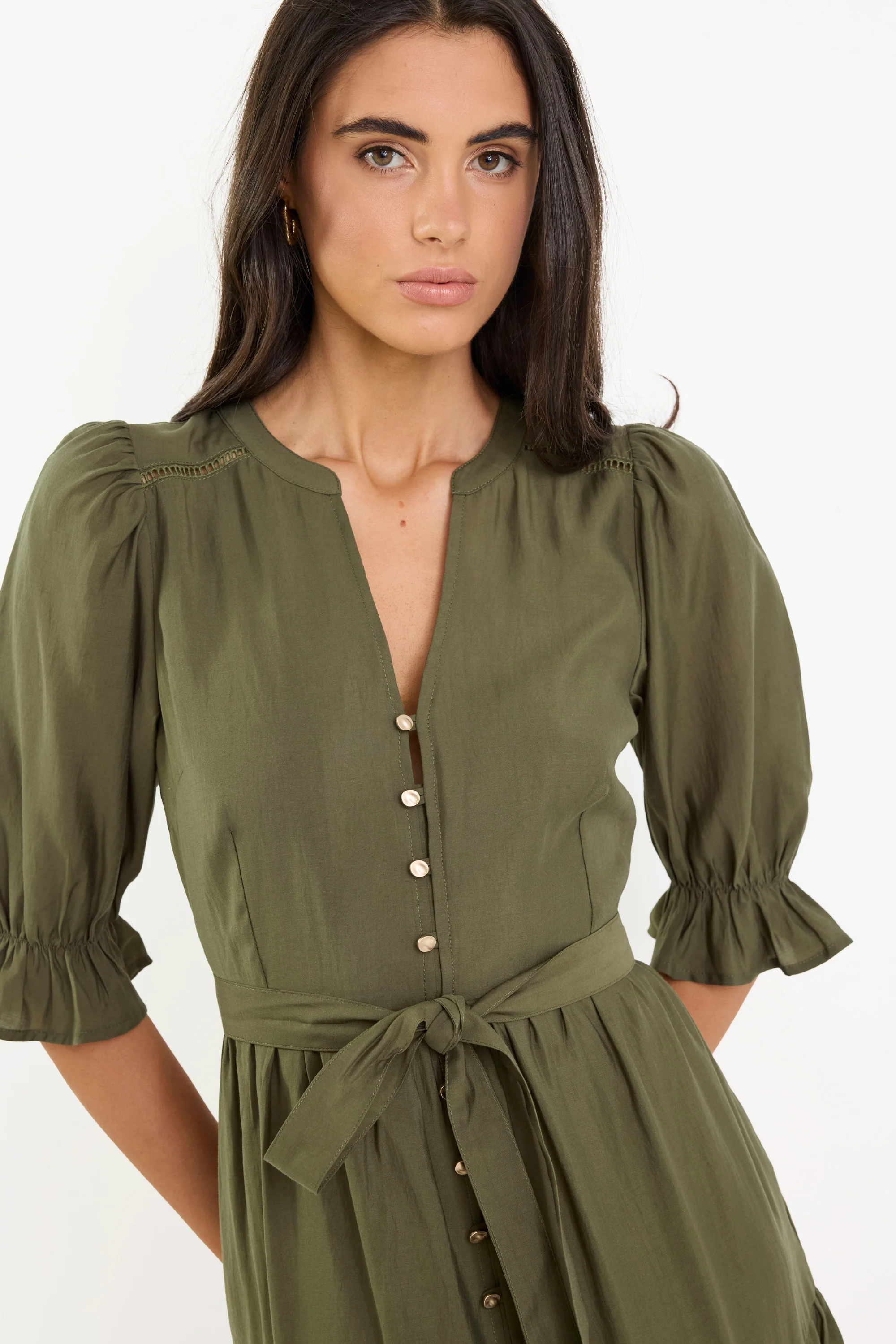 Irresistible Khaki SS Button Front Tiered Maxi Dress - Image 2