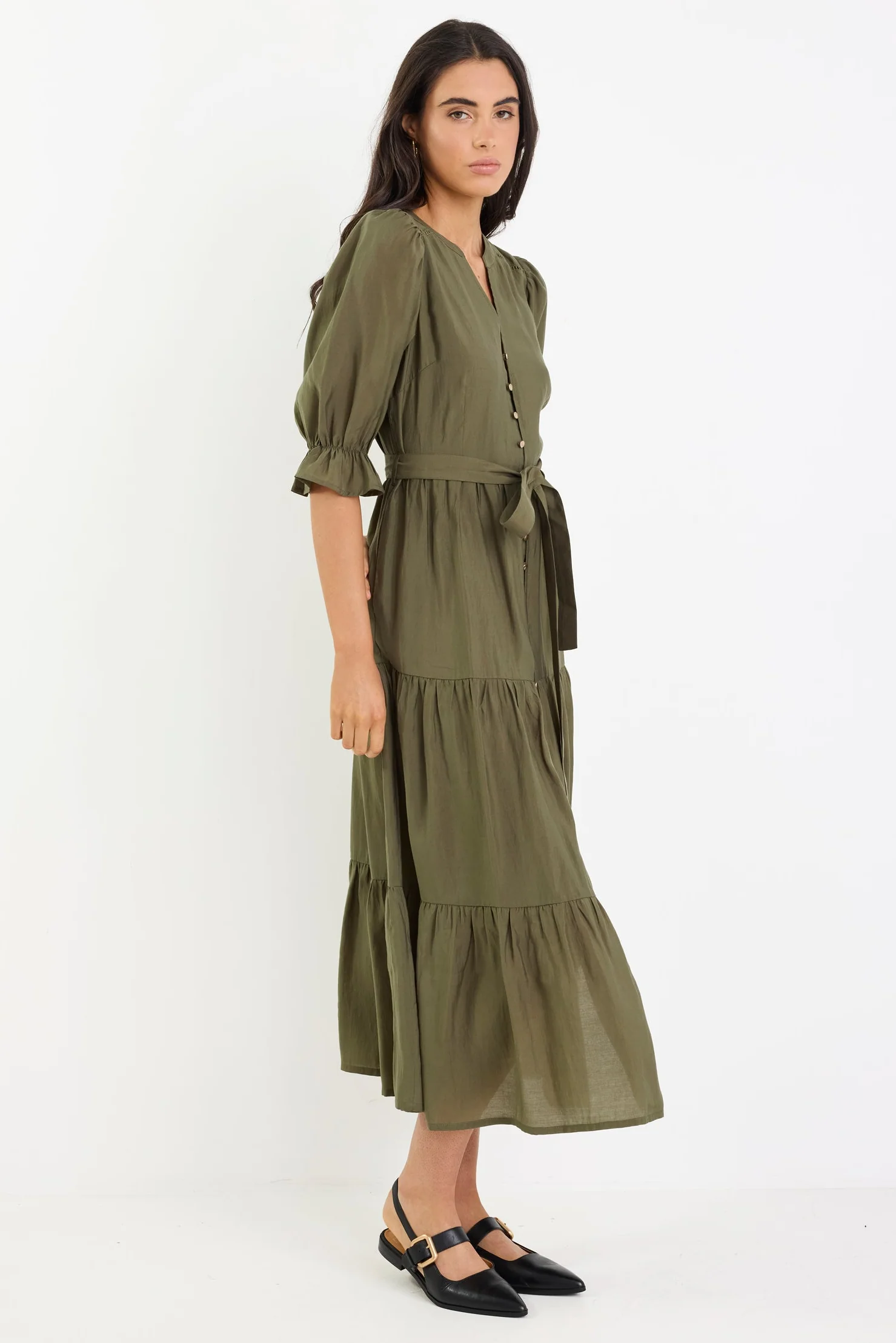 Irresistible Khaki SS Button Front Tiered Maxi Dress - Image 3