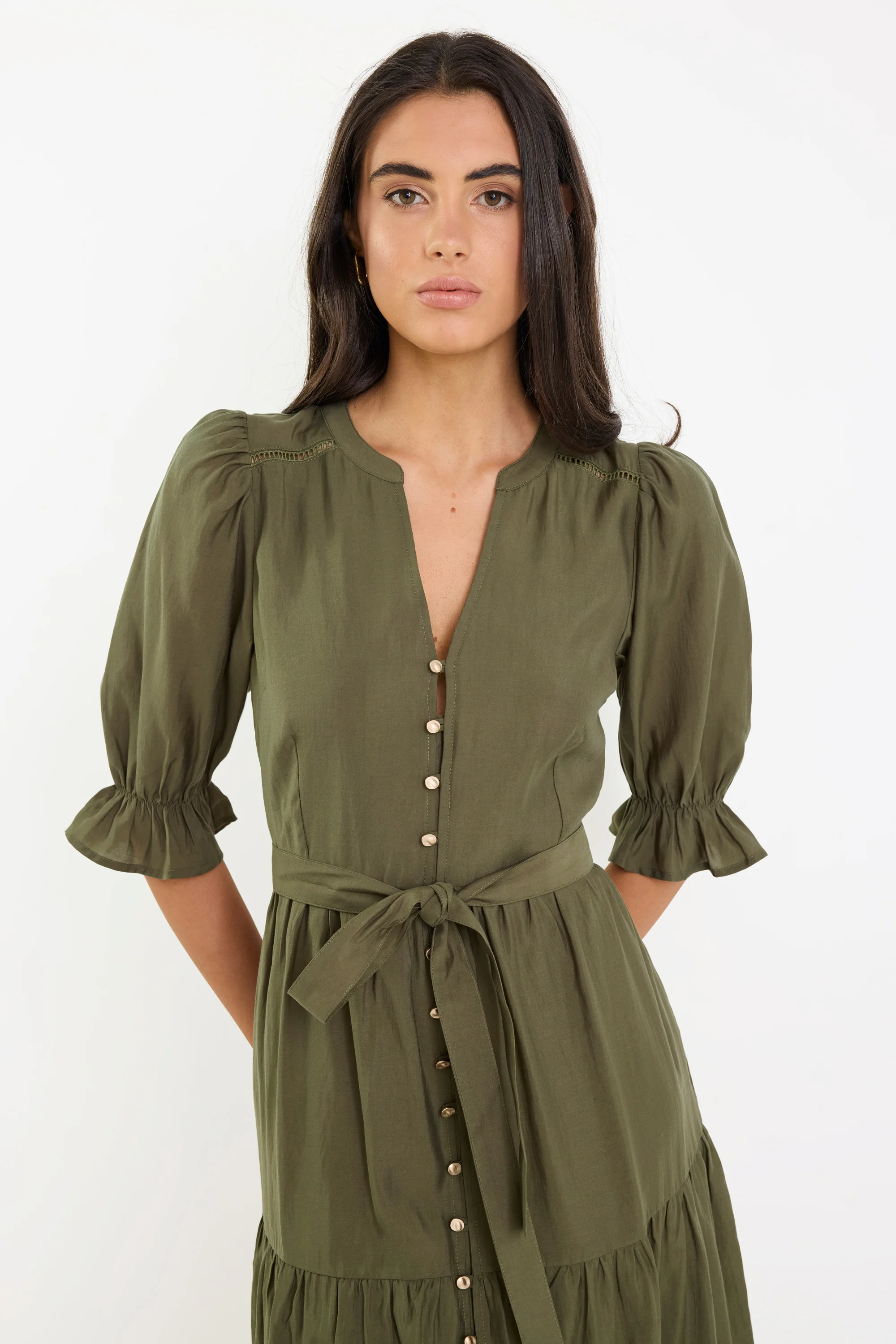 Irresistible Khaki SS Button Front Tiered Maxi Dress - Image 4