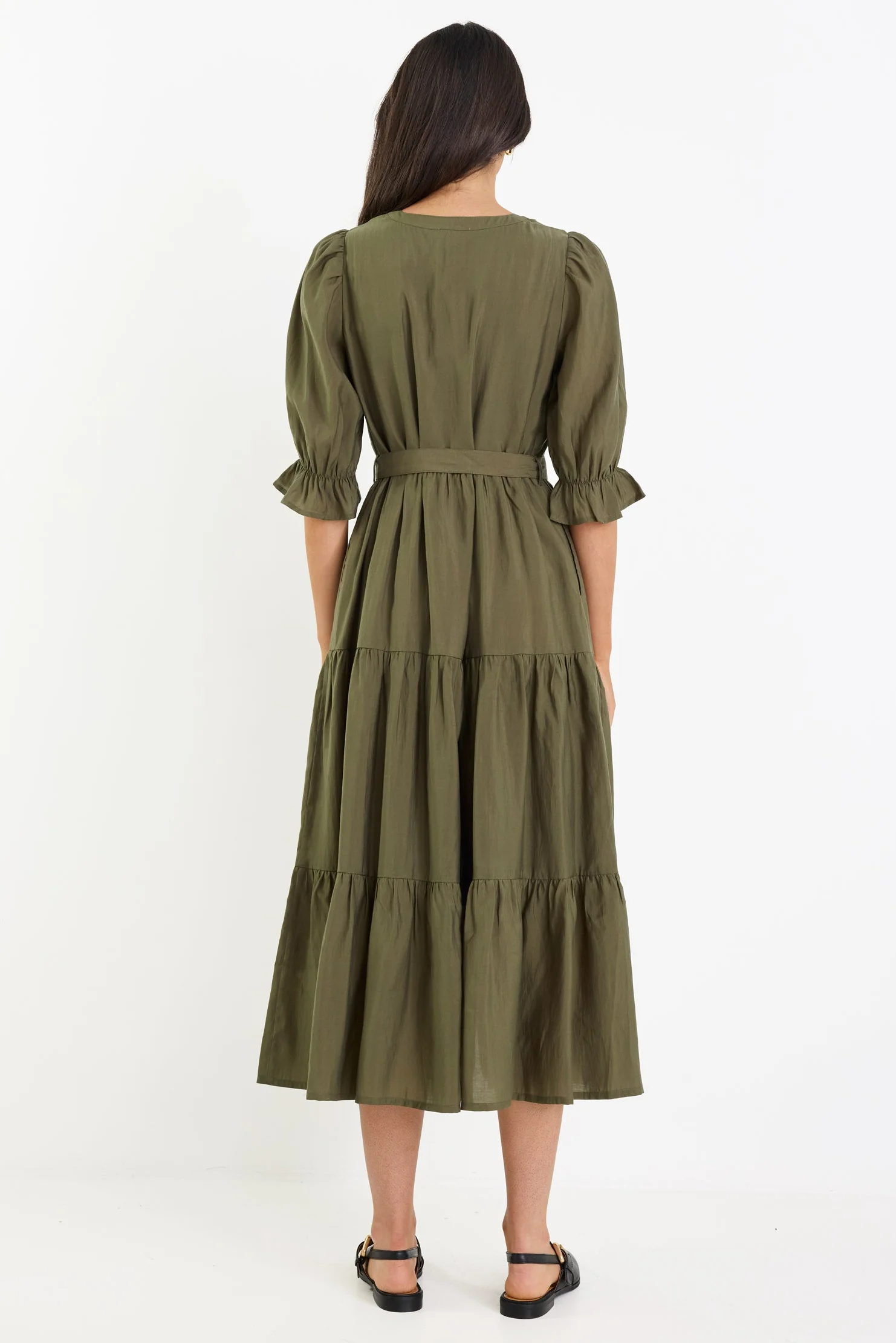 Irresistible Khaki SS Button Front Tiered Maxi Dress - Image 5