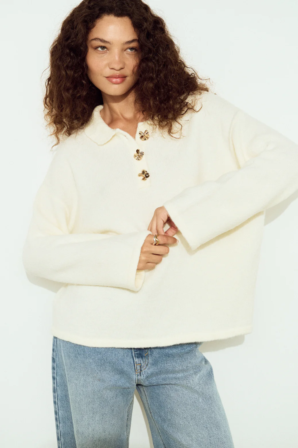 Isla Cream Gold Button Polo Knit