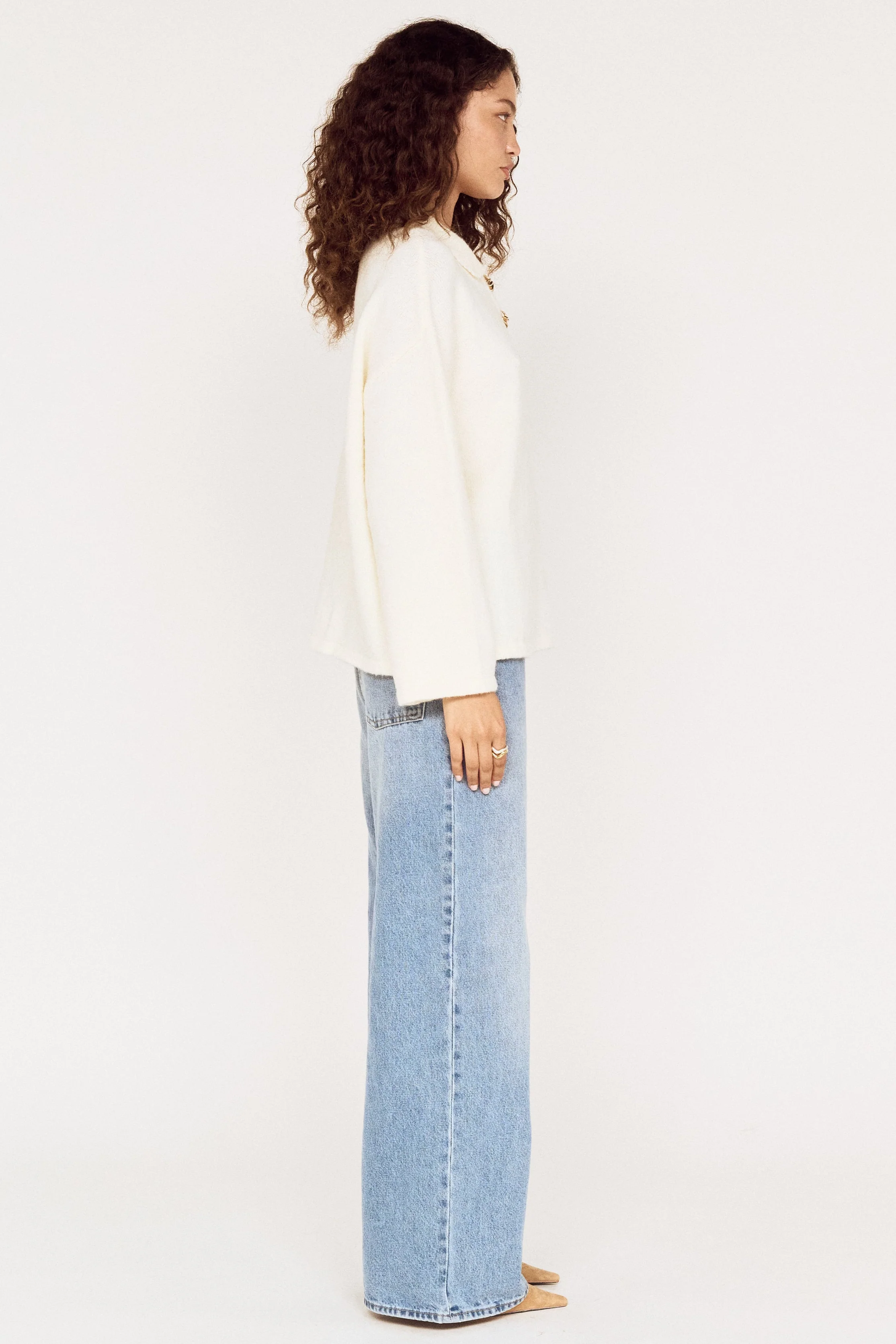 Isla Cream Gold Button Polo Knit - Image 3