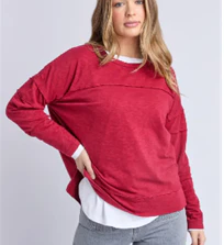 Jayne Rhubarb Red Front Seam Throw On LS Top