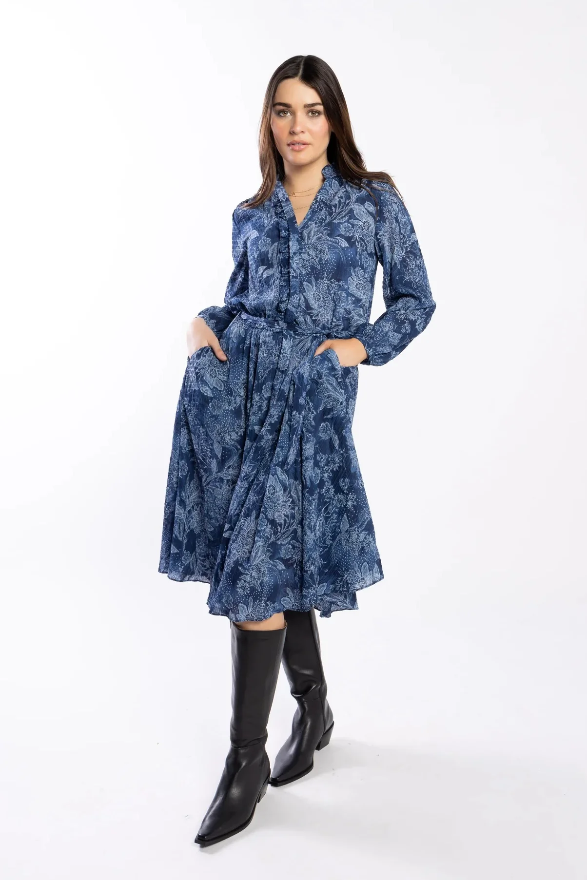 Kensie Blue Paisley Button Front Ruffle LS Dress - Image 2