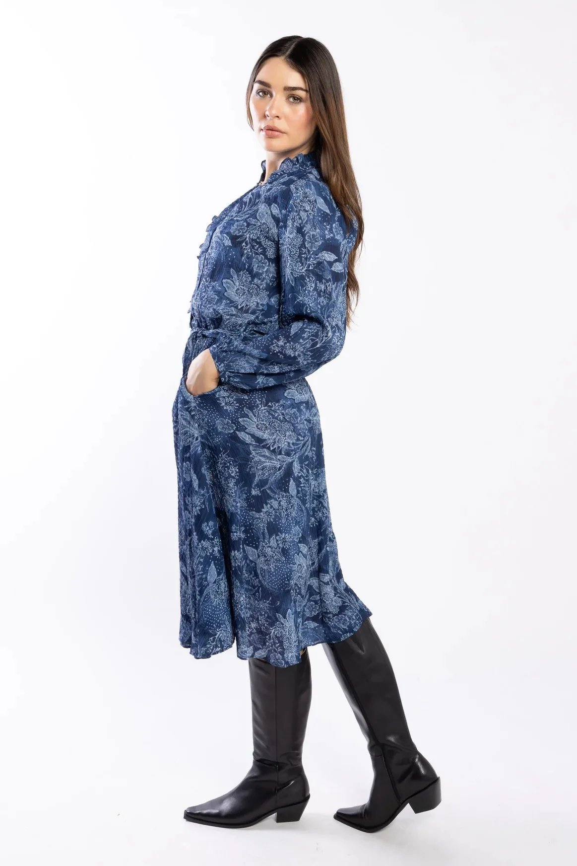 Kensie Blue Paisley Button Front Ruffle LS Dress - Image 3