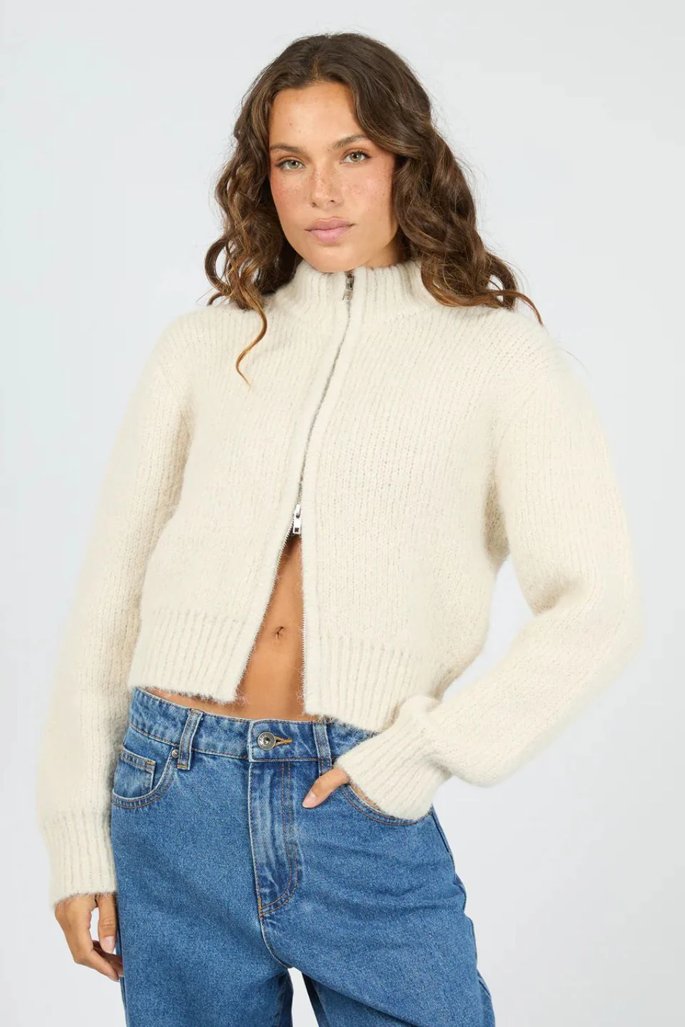 Leila Chalk Wool Blend Zip Thru Knit Jumper
