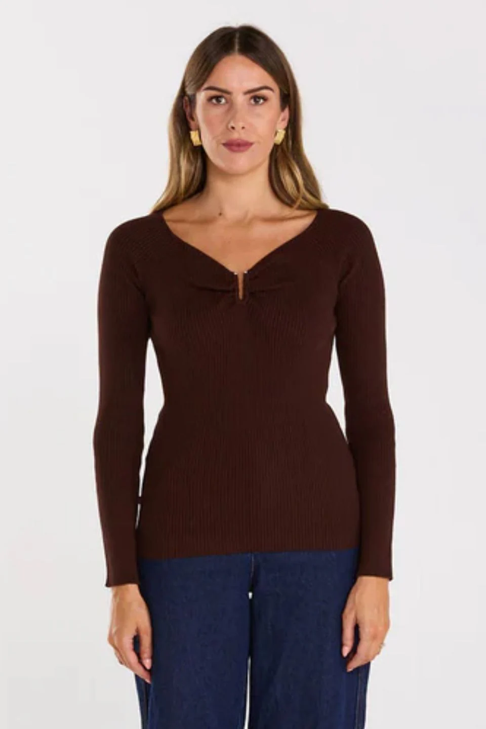 Loop Chocolate Ribbed LS Knit Top