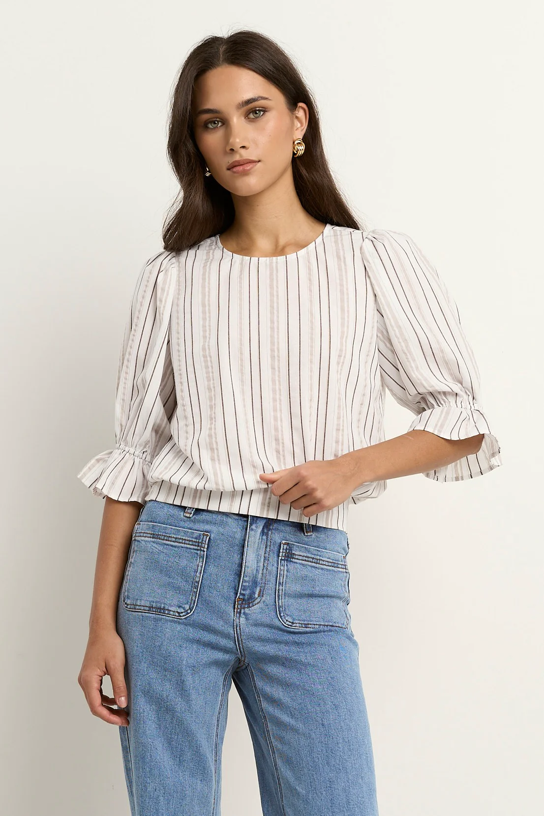 Lovely Chocolate Stripe Shirred Back SS Top