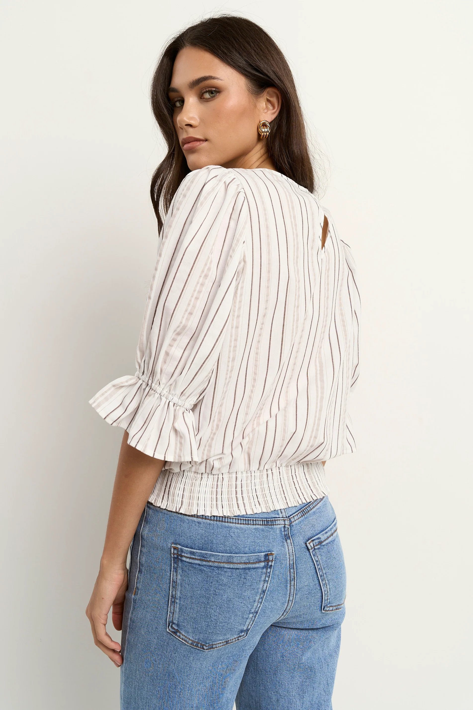 Lovely Chocolate Stripe Shirred Back SS Top - Image 3