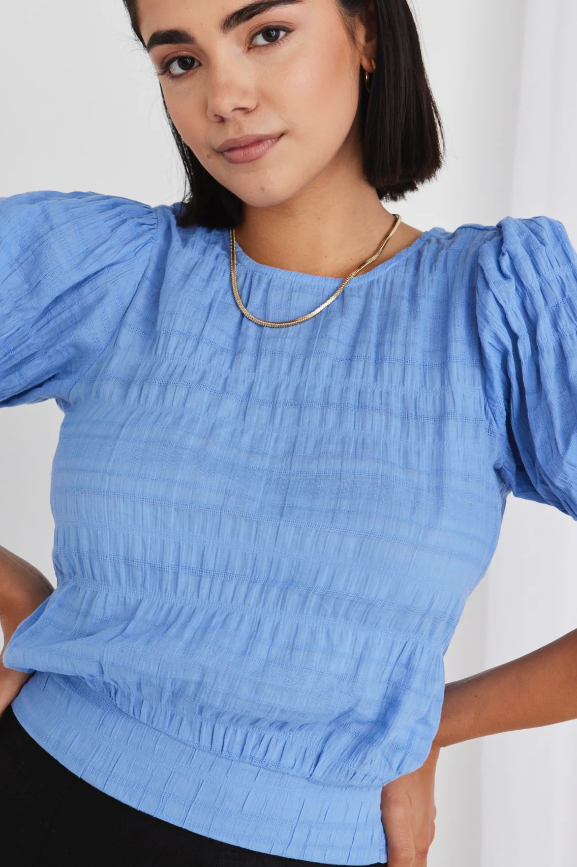 Lovely French Blue Shirred Cotton Stretch Back Ss Top - Image 3