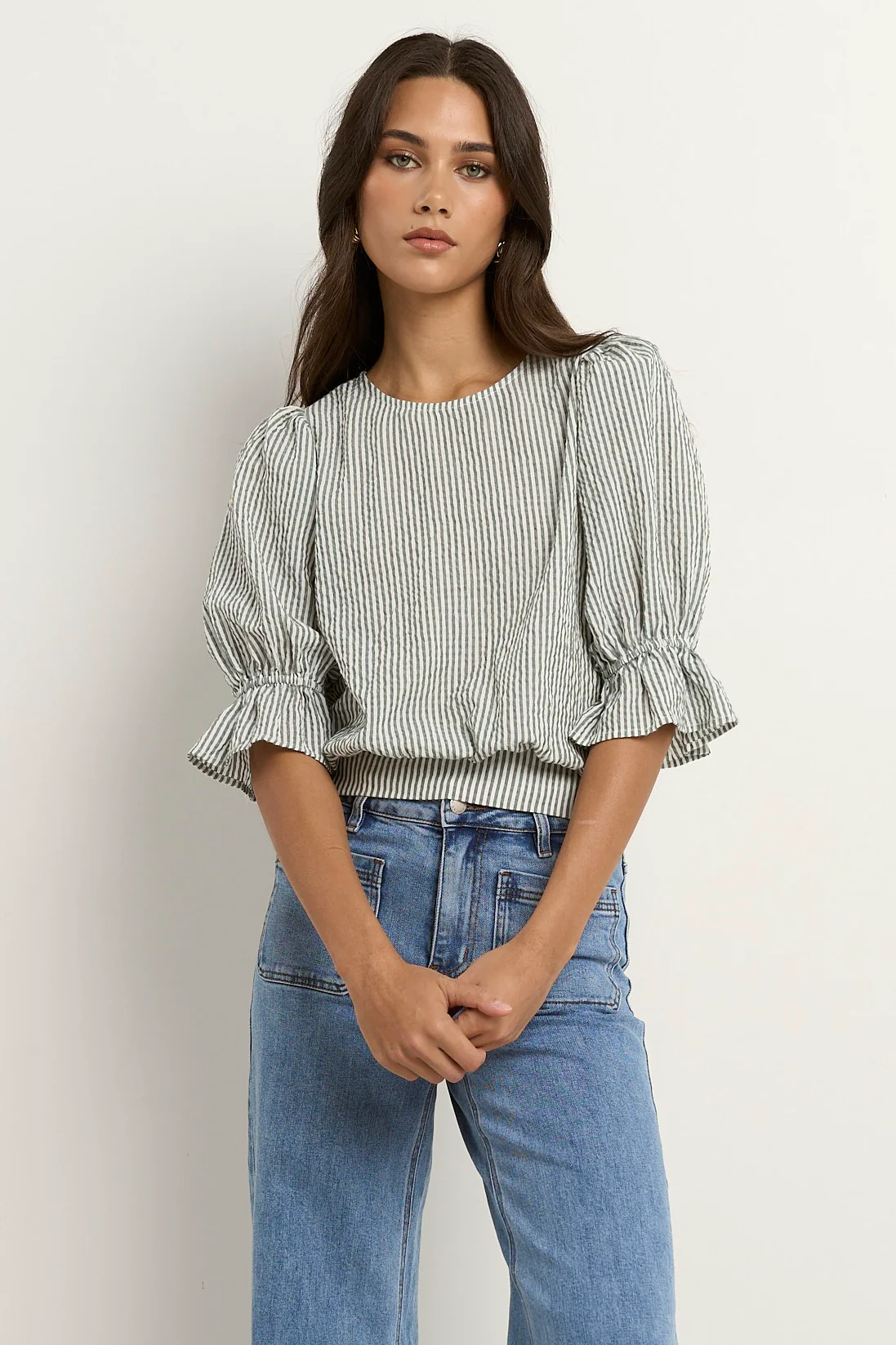 Lovely Khaki Stripe Shirred Back SS Top