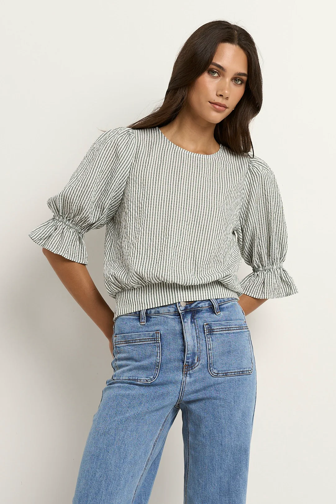 Lovely Khaki Stripe Shirred Back SS Top - Image 3