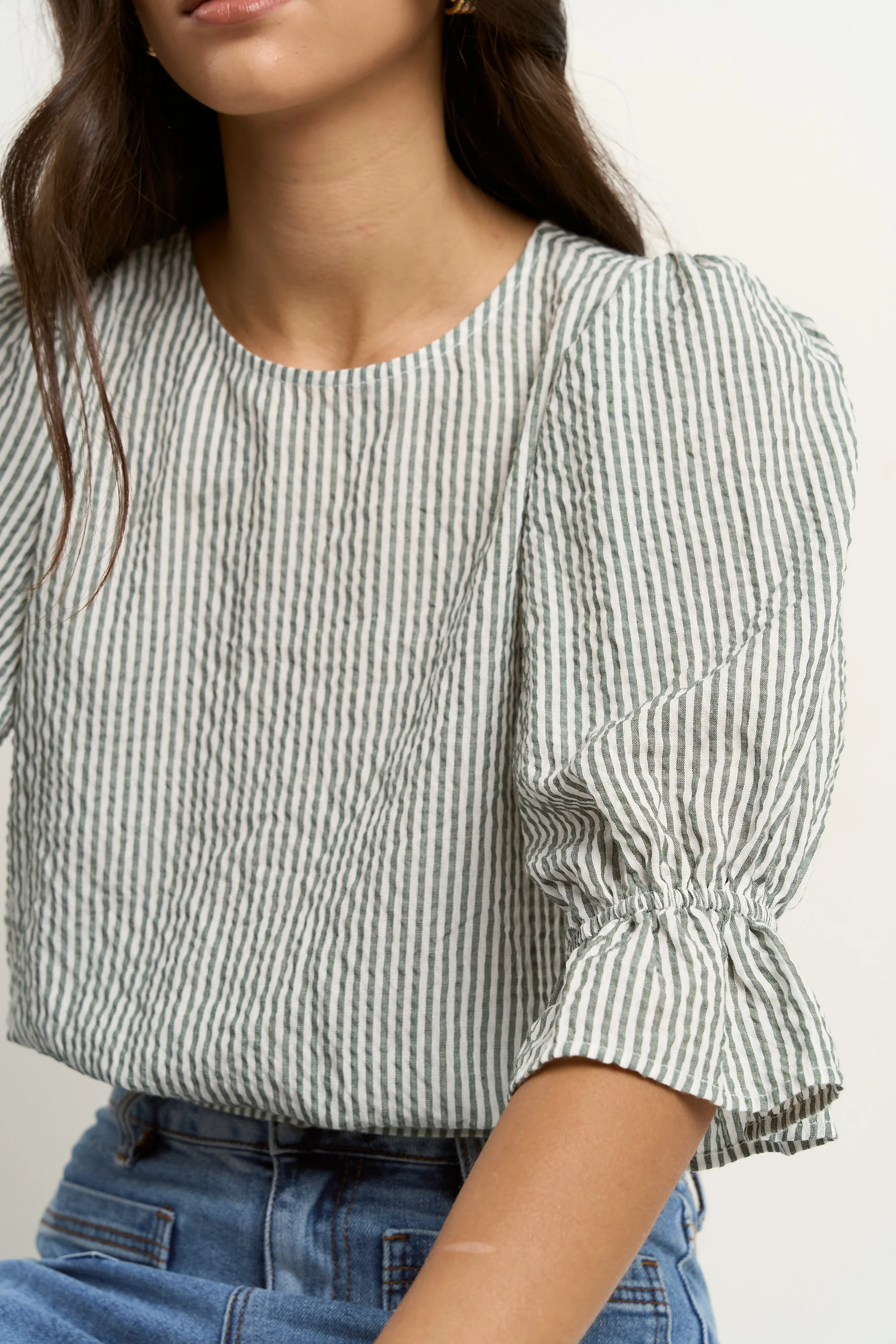 Lovely Khaki Stripe Shirred Back SS Top - Image 4