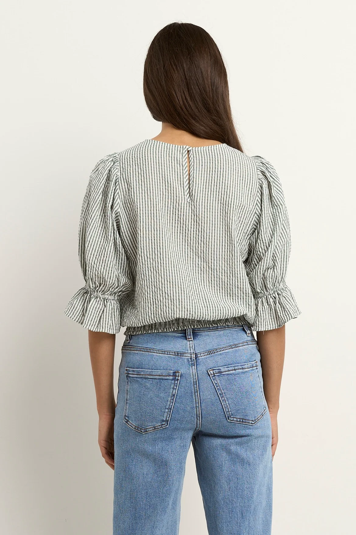 Lovely Khaki Stripe Shirred Back SS Top - Image 5