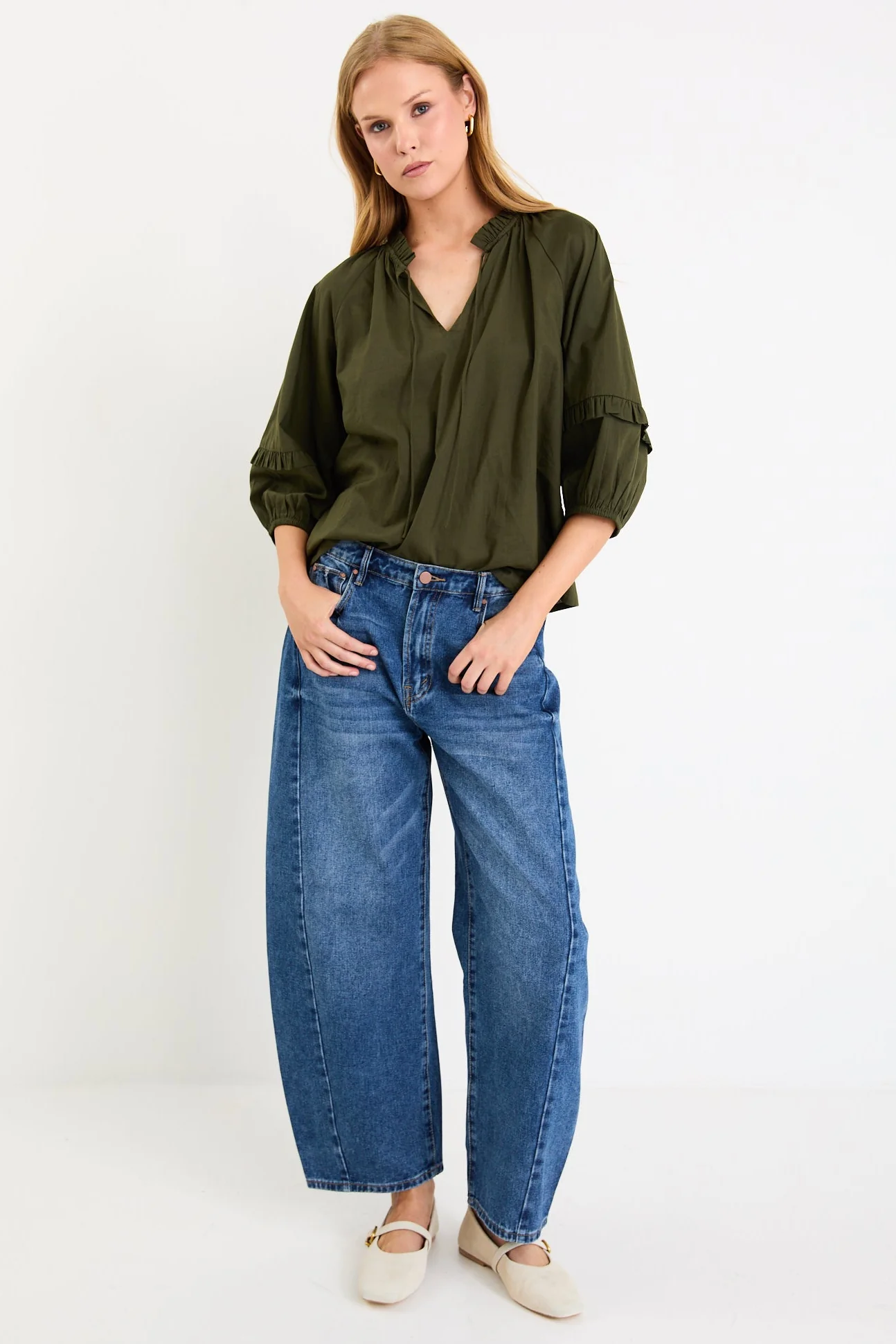 Luminary Olive Voile Tie Front SS Top - Image 2