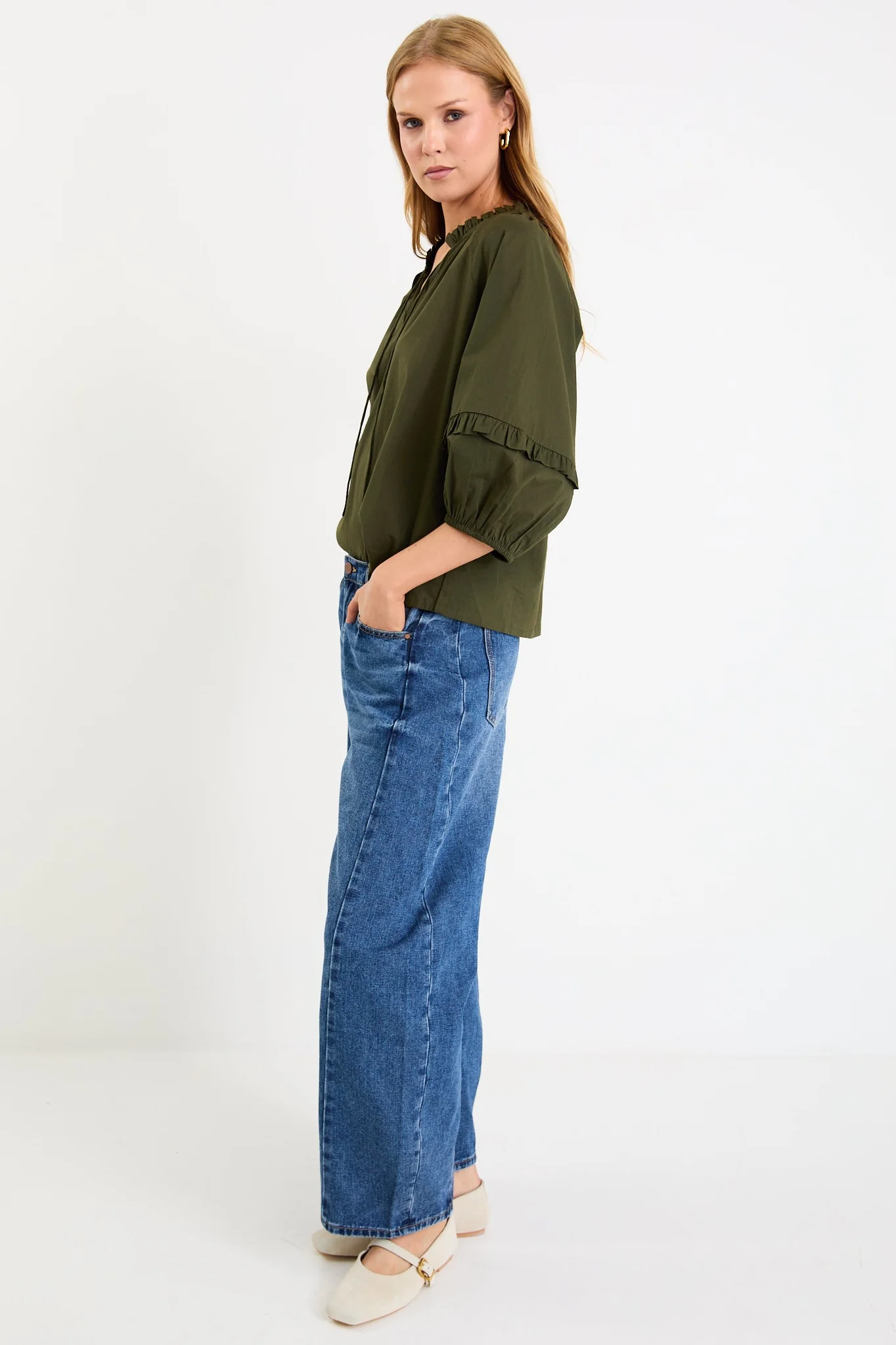 Luminary Olive Voile Tie Front SS Top - Image 3