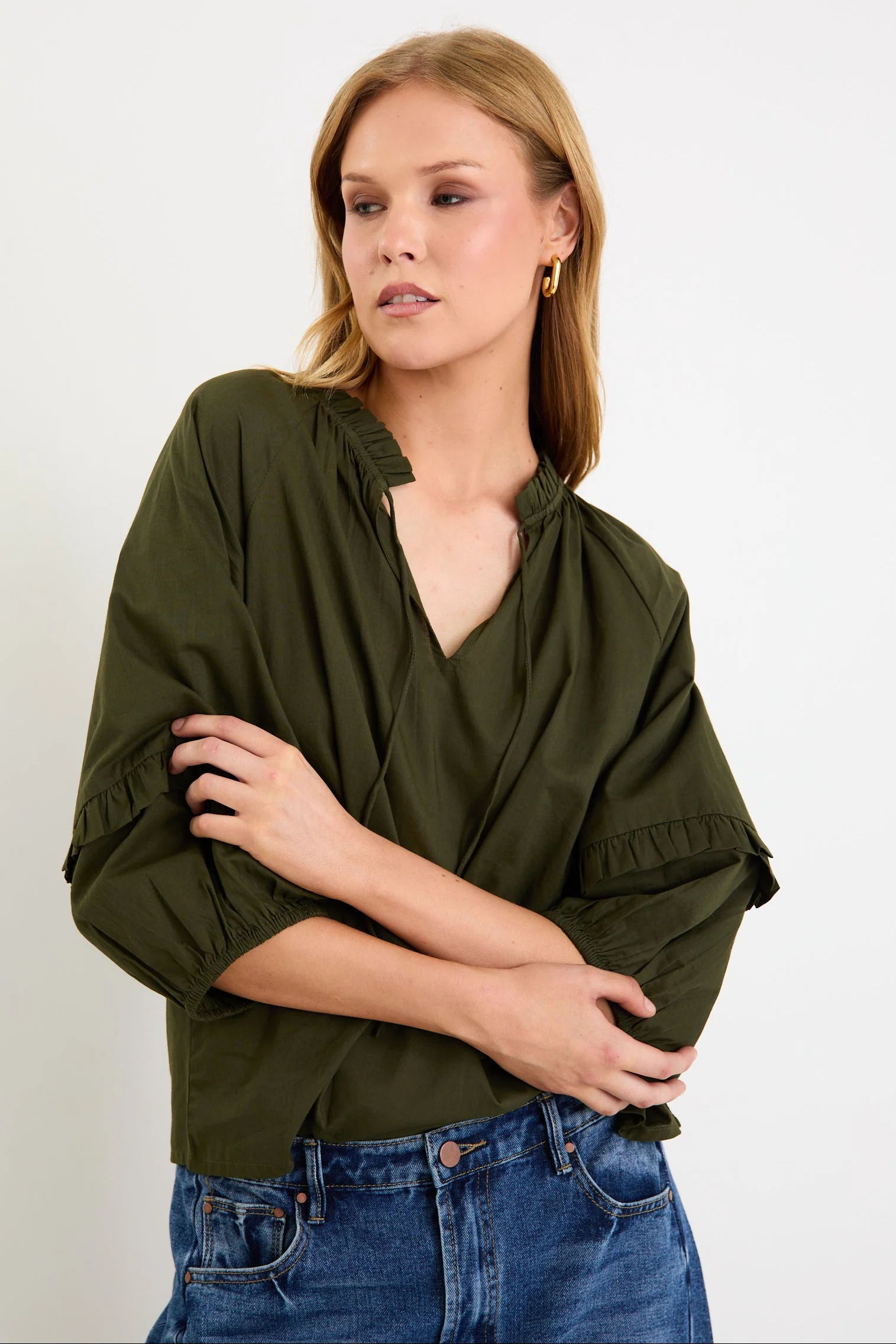 Luminary Olive Voile Tie Front SS Top - Image 4