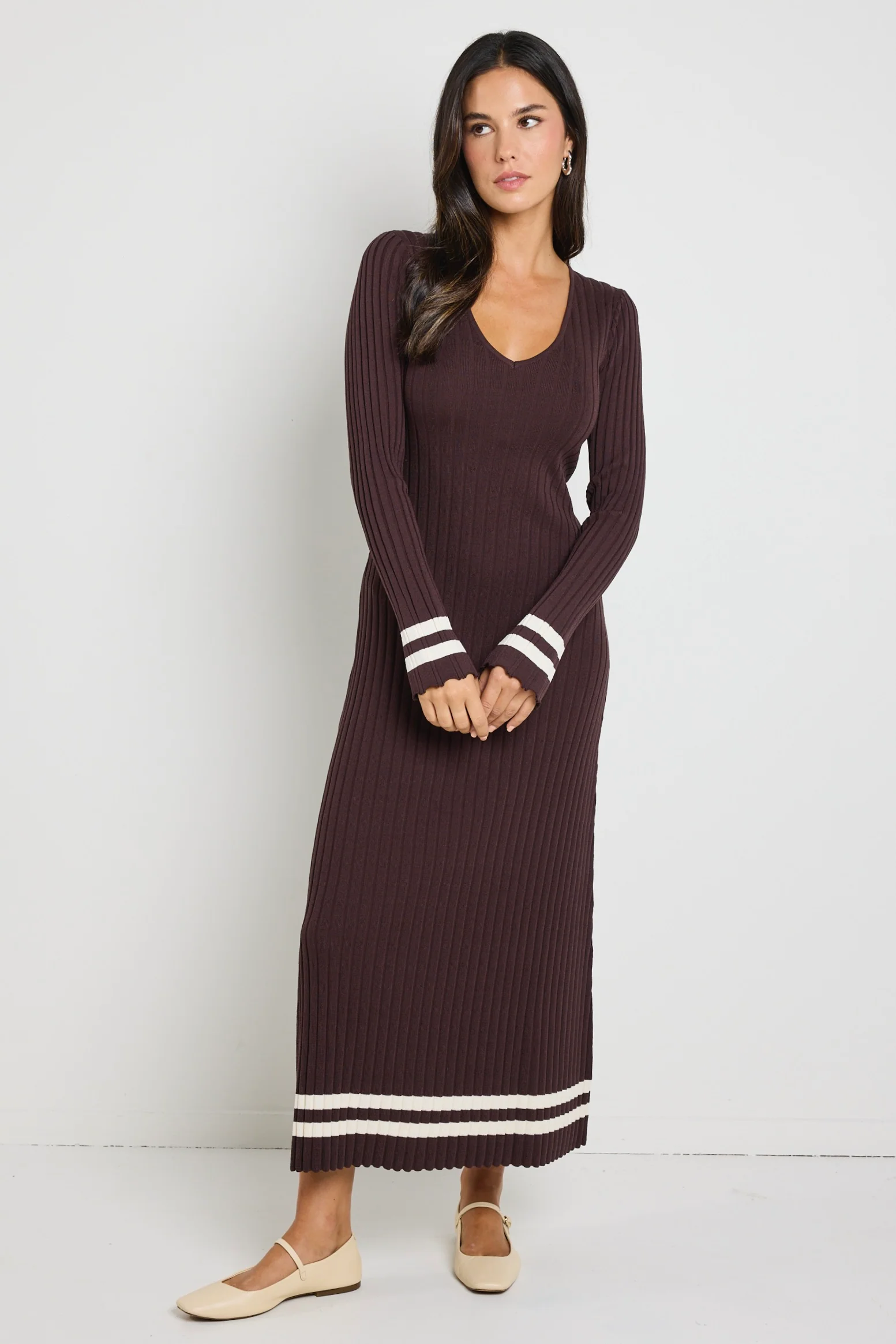 Main Chocolate Stripe LS V Neck Knit Maxi - Image 3