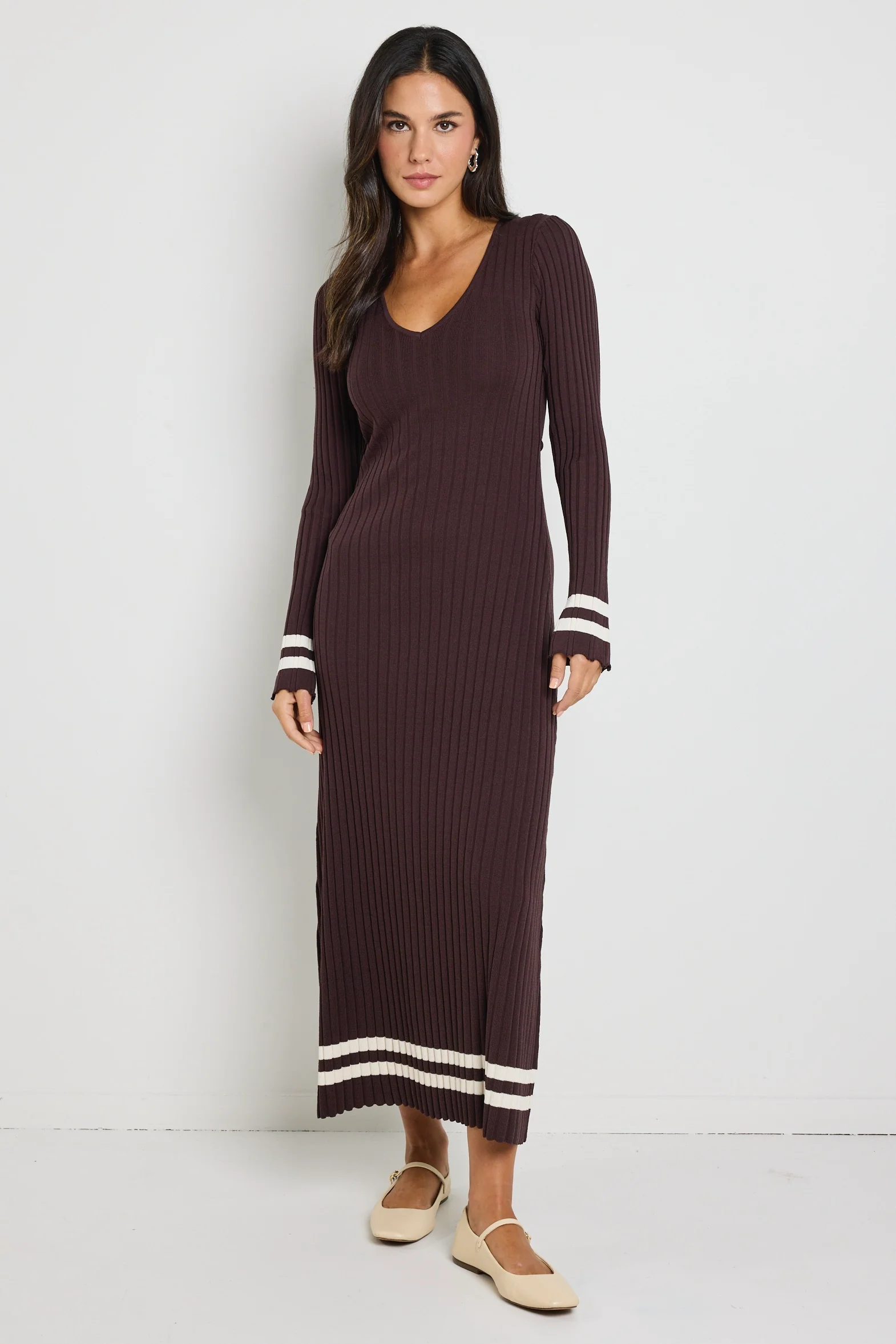 Main Chocolate Stripe LS V Neck Knit Maxi - Image 5