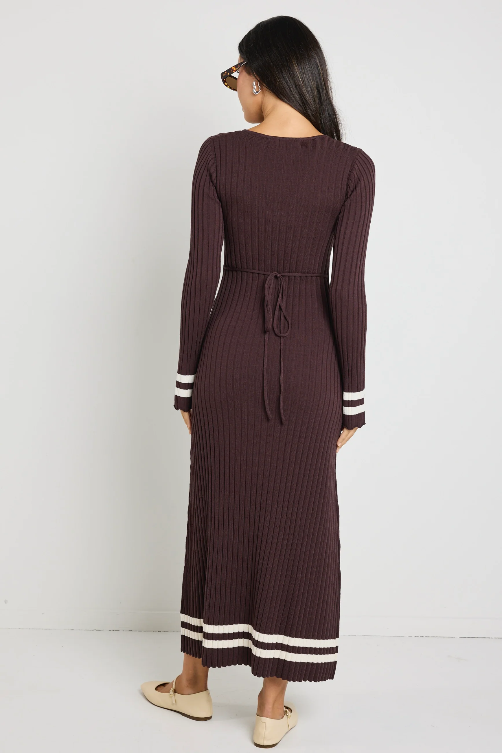 Main Chocolate Stripe LS V Neck Knit Maxi - Image 6