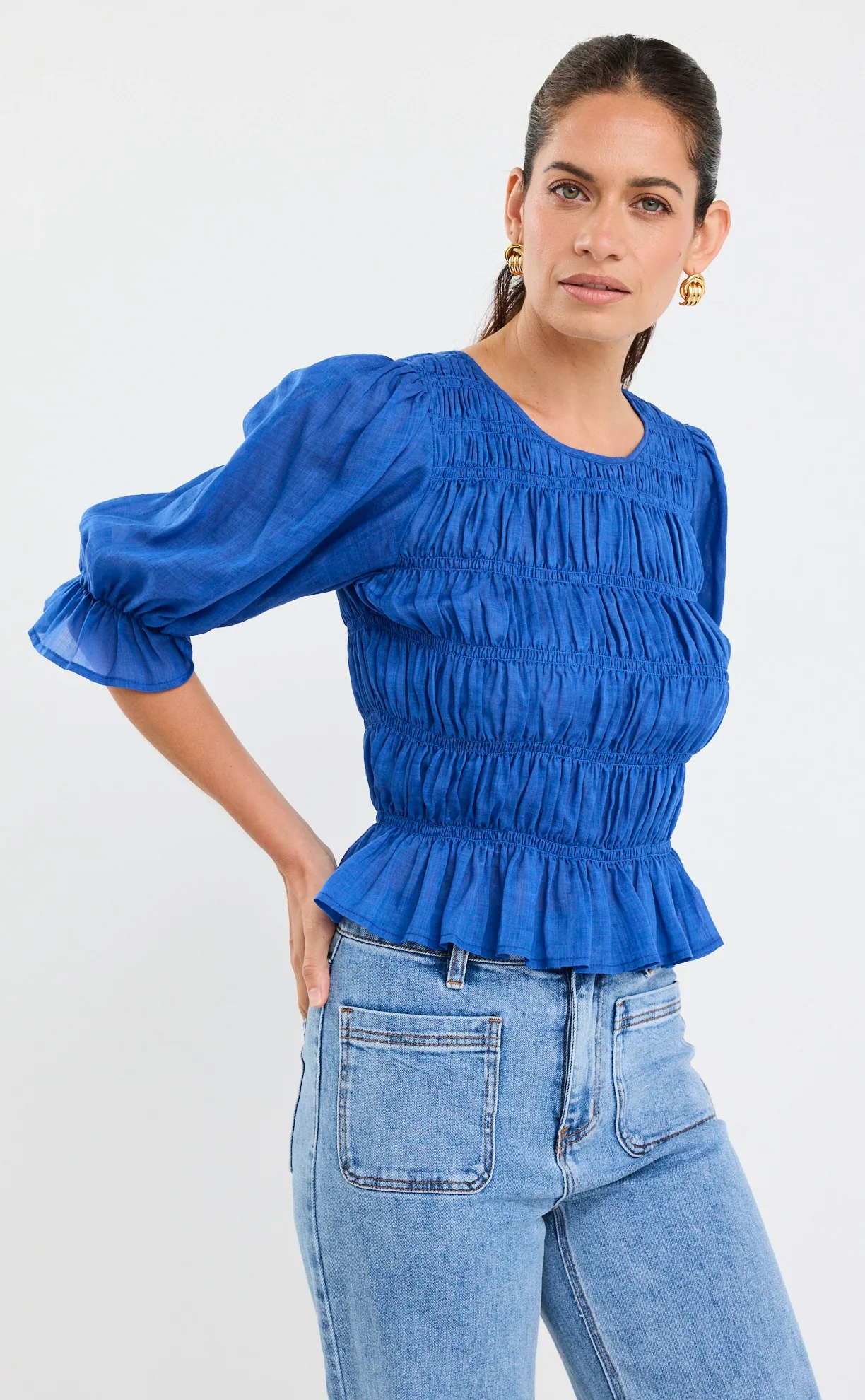 Melodic Azure Blue SS Shirred Body Top - Image 3