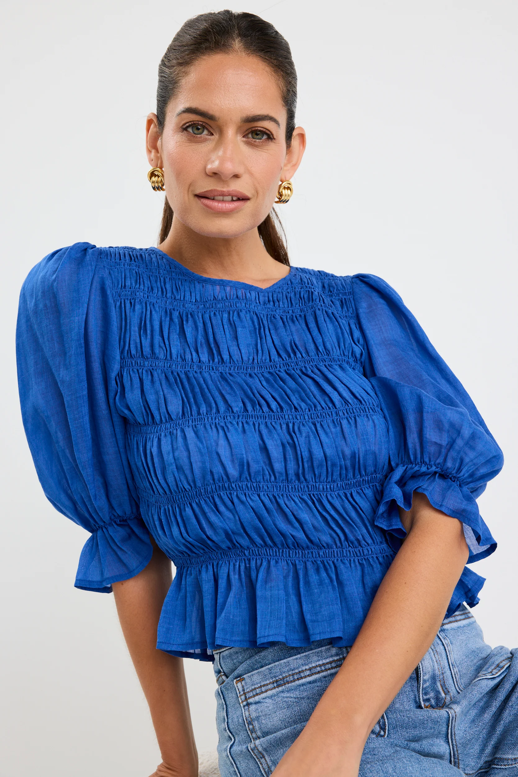 Melodic Azure Blue SS Shirred Body Top - Image 5