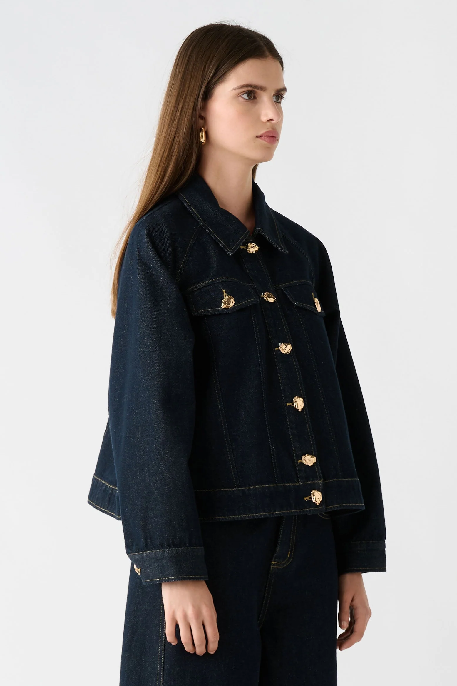 Memphis Dark Indigo Denim Gold Feature Button Denim Jacket - Image 2