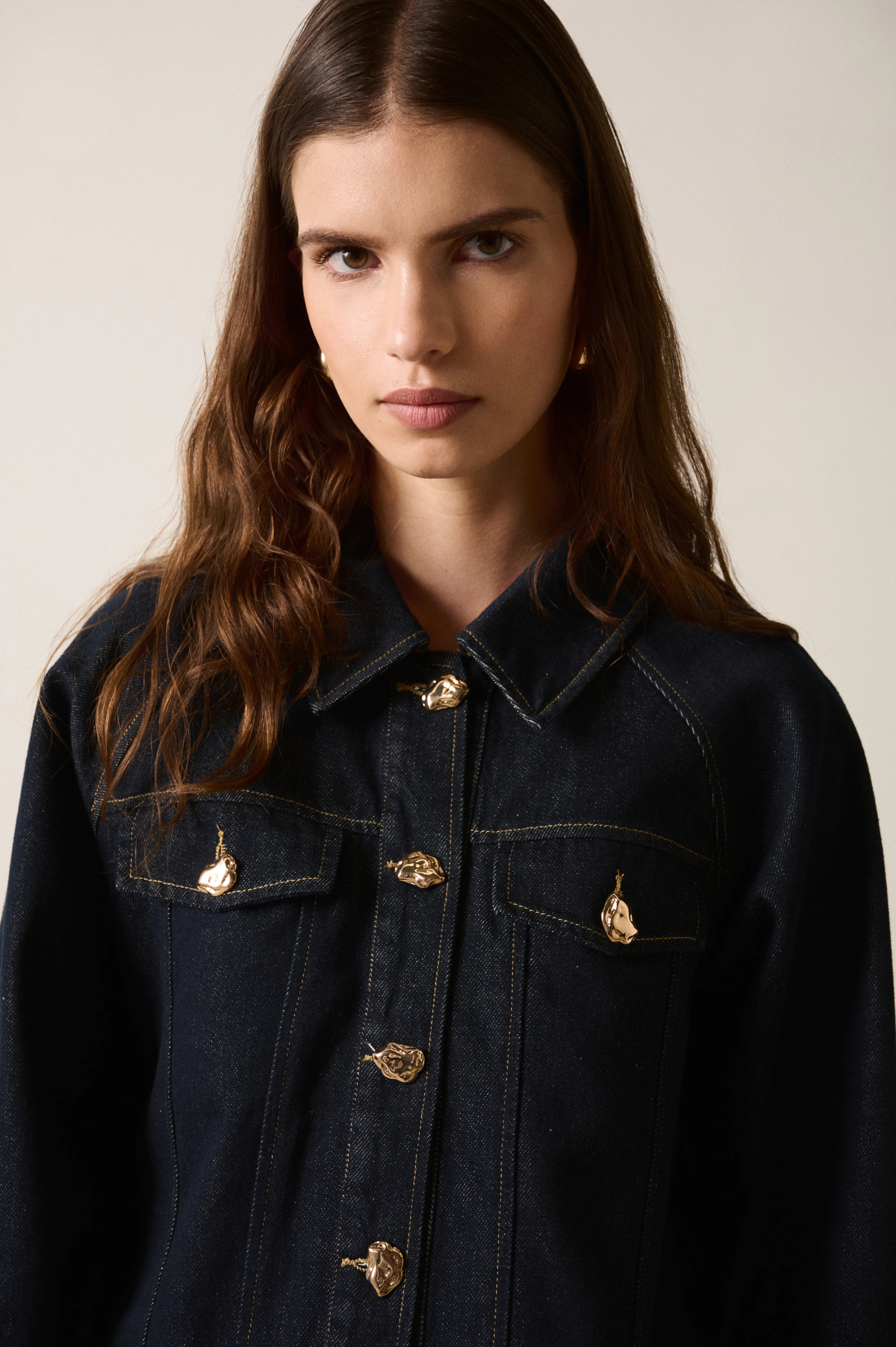 Memphis Dark Indigo Denim Gold Feature Button Denim Jacket - Image 4