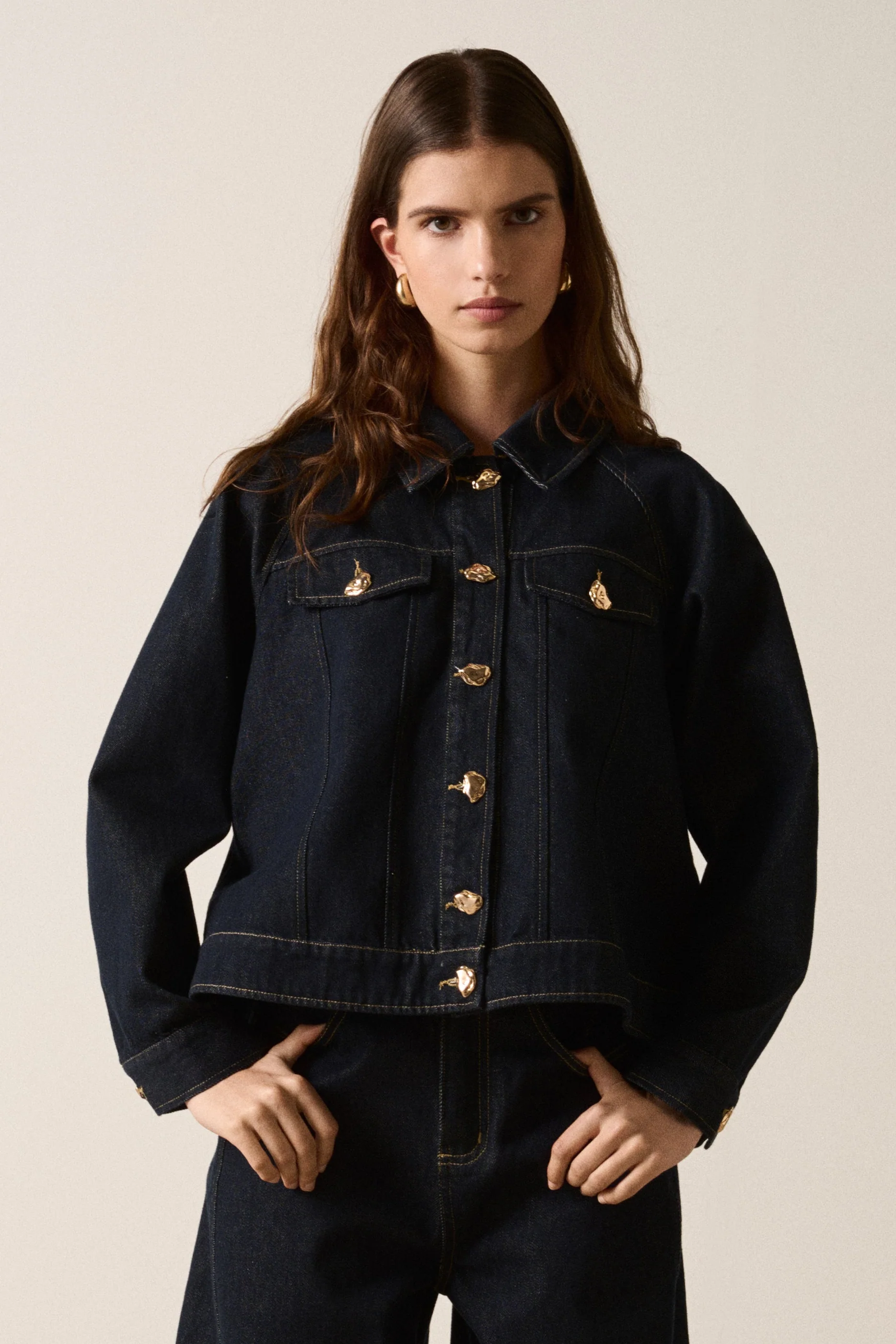 Memphis Dark Indigo Denim Gold Feature Button Denim Jacket - Image 5