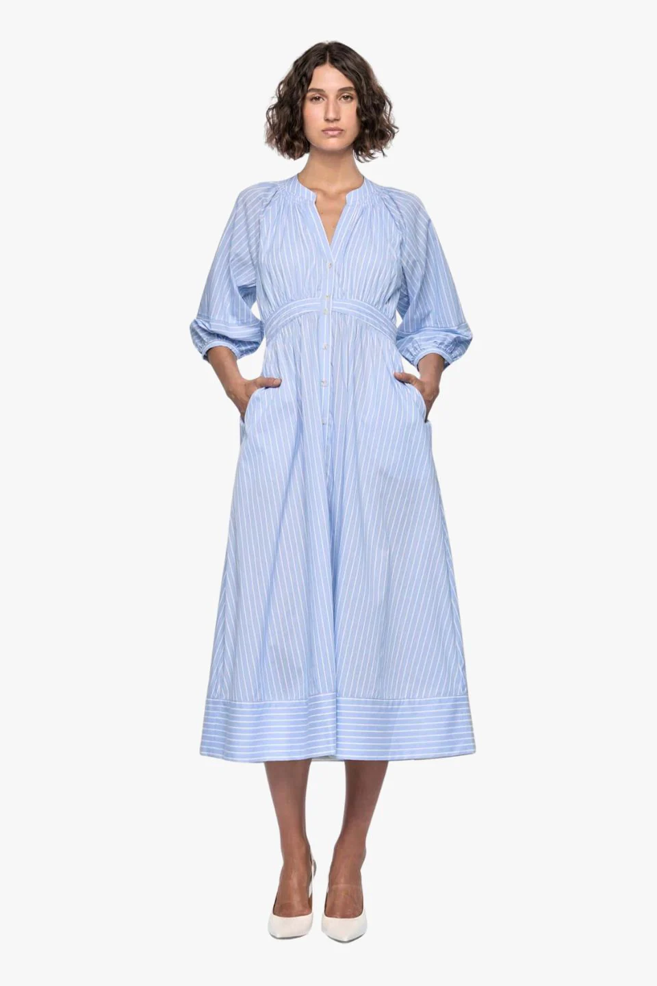 Myra Blue Stripe Mid Sleeve Midi Dress