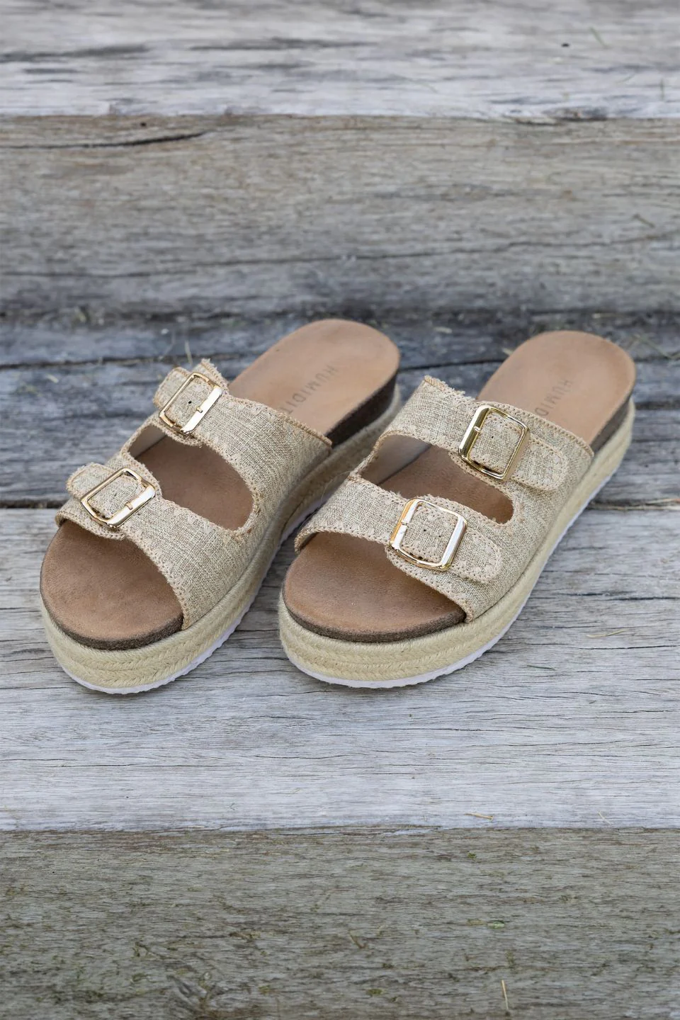Natural Linen Double Buckle Platform Slide - Image 2