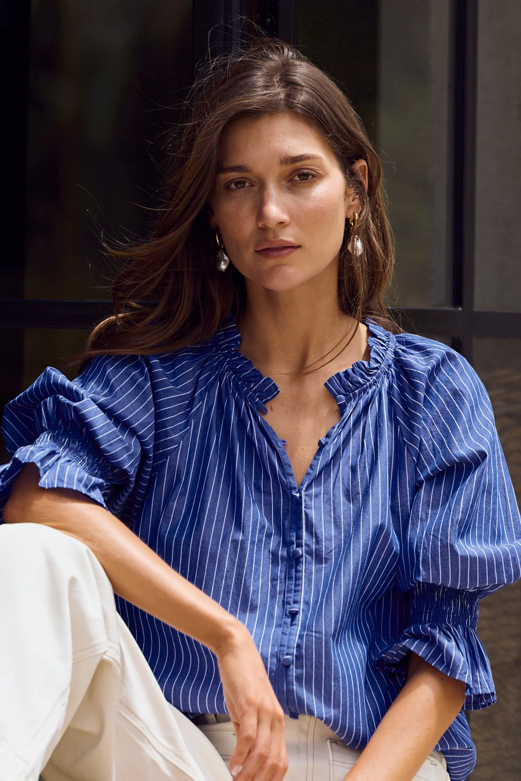Noetic Dark Blue Stripe Short Sleeve Blouse