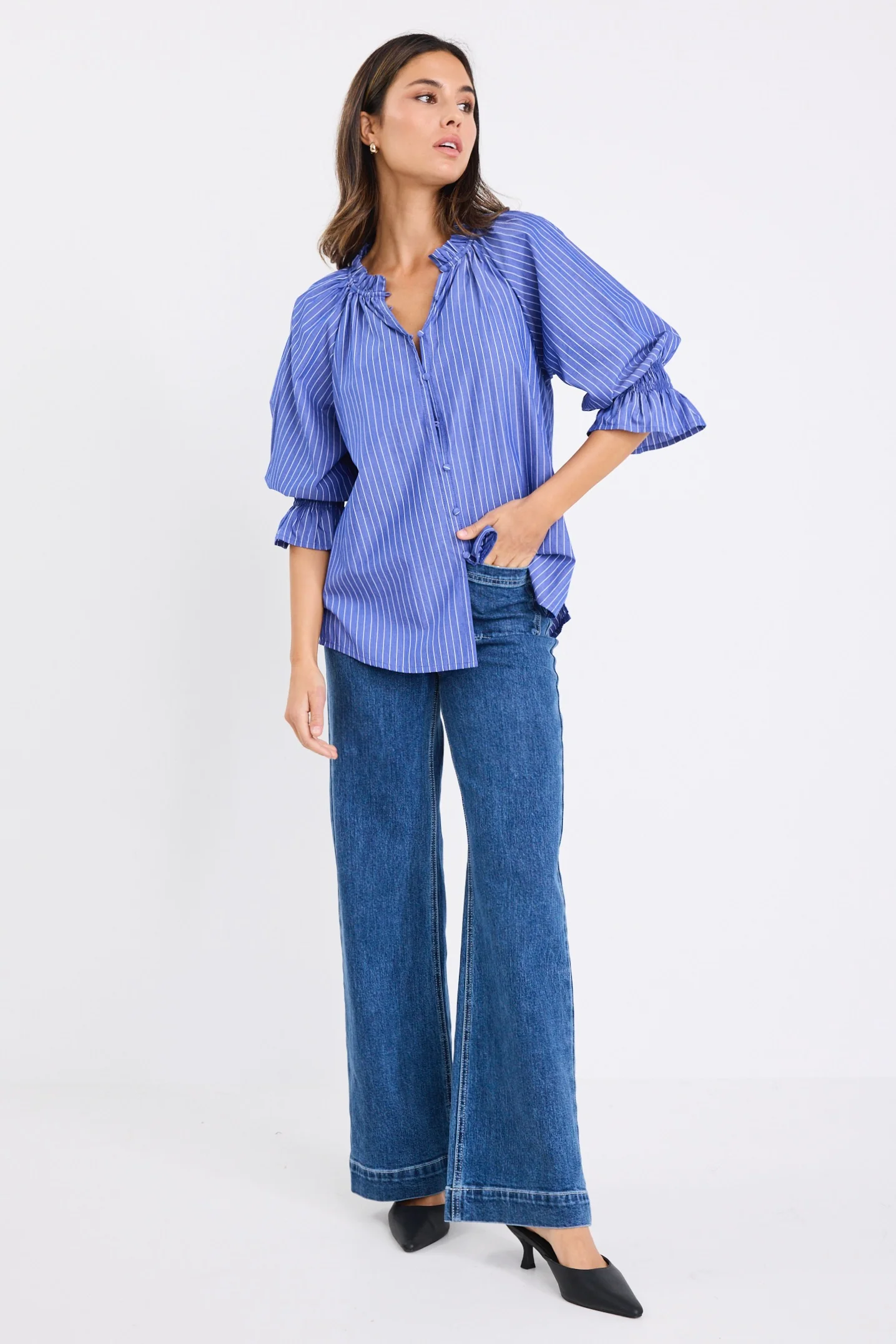 Noetic Dark Blue Stripe Short Sleeve Blouse - Image 3