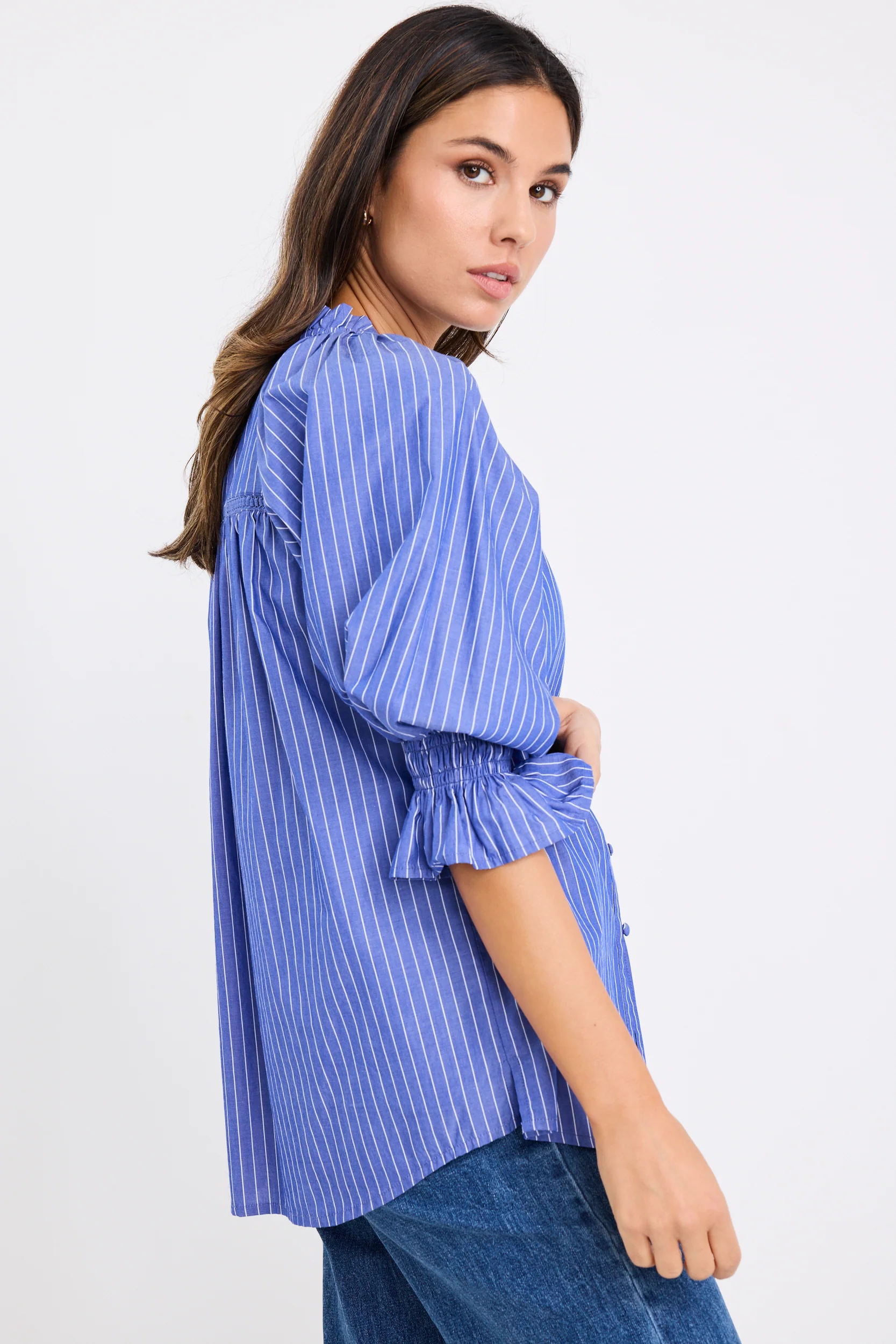 Noetic Dark Blue Stripe Short Sleeve Blouse - Image 4