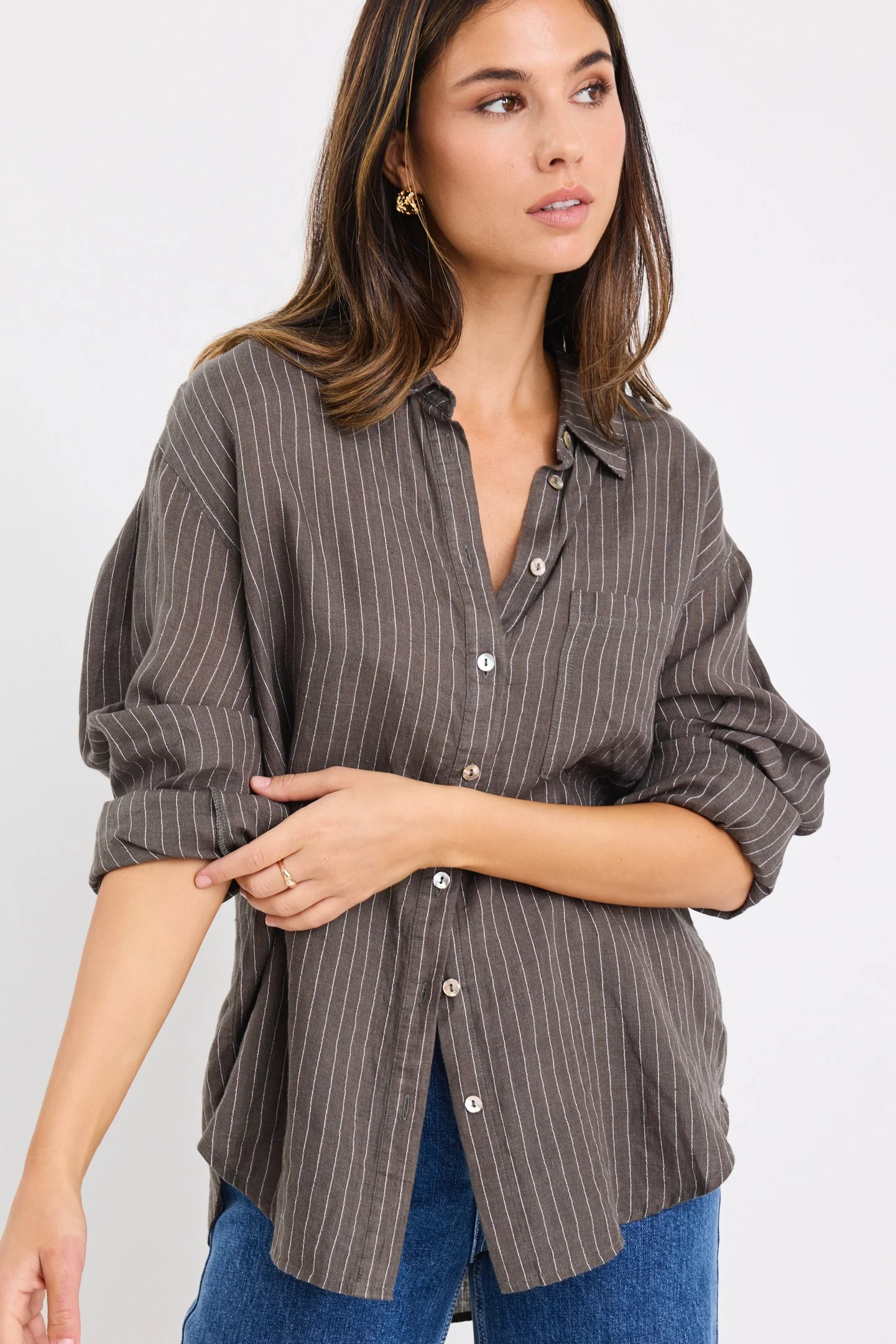 Optimum Khaki Stripe Linen Classic Shirt - Image 2