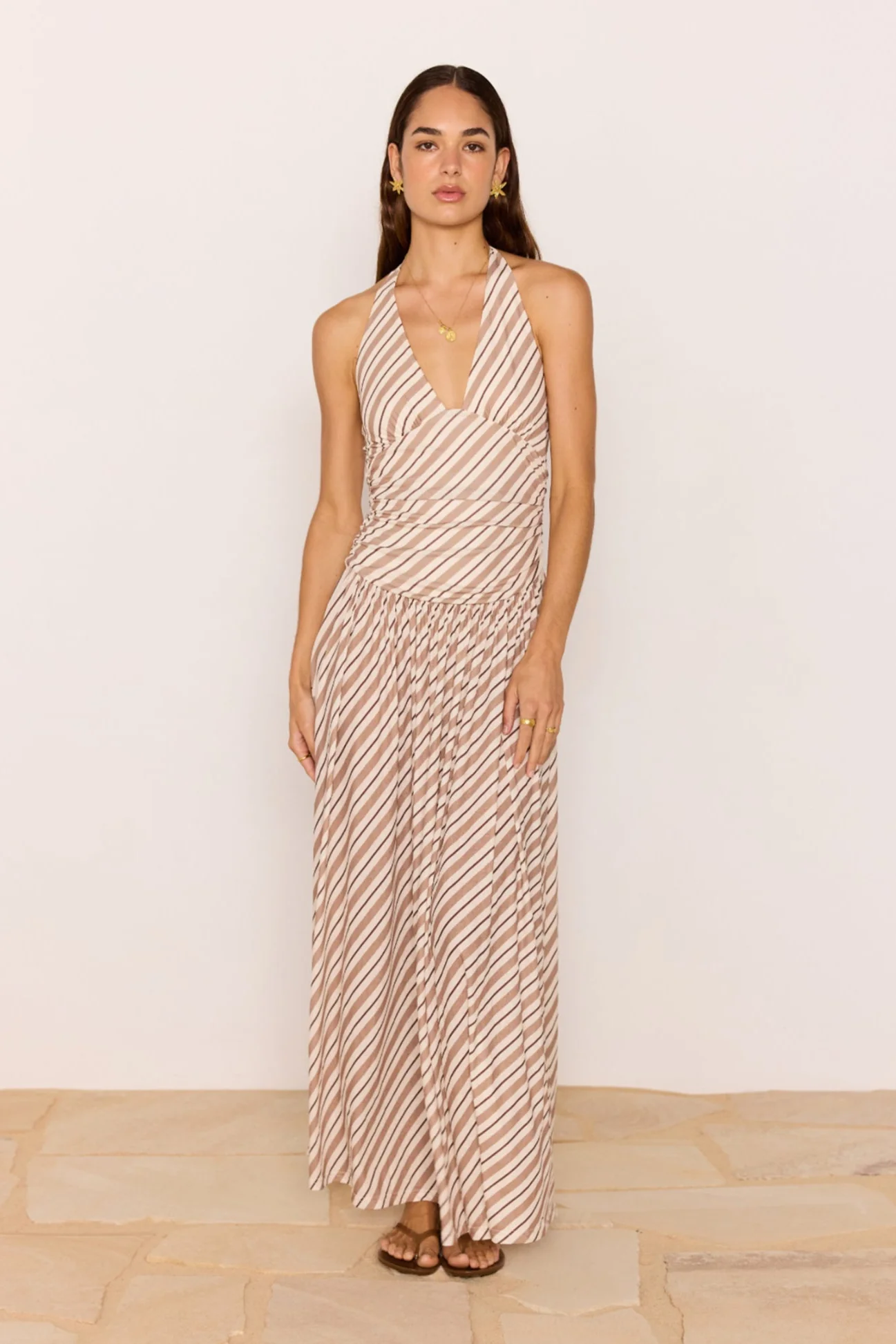 Orielle Brown Cream Stripe Halter Mesh Maxi Dress - Image 2