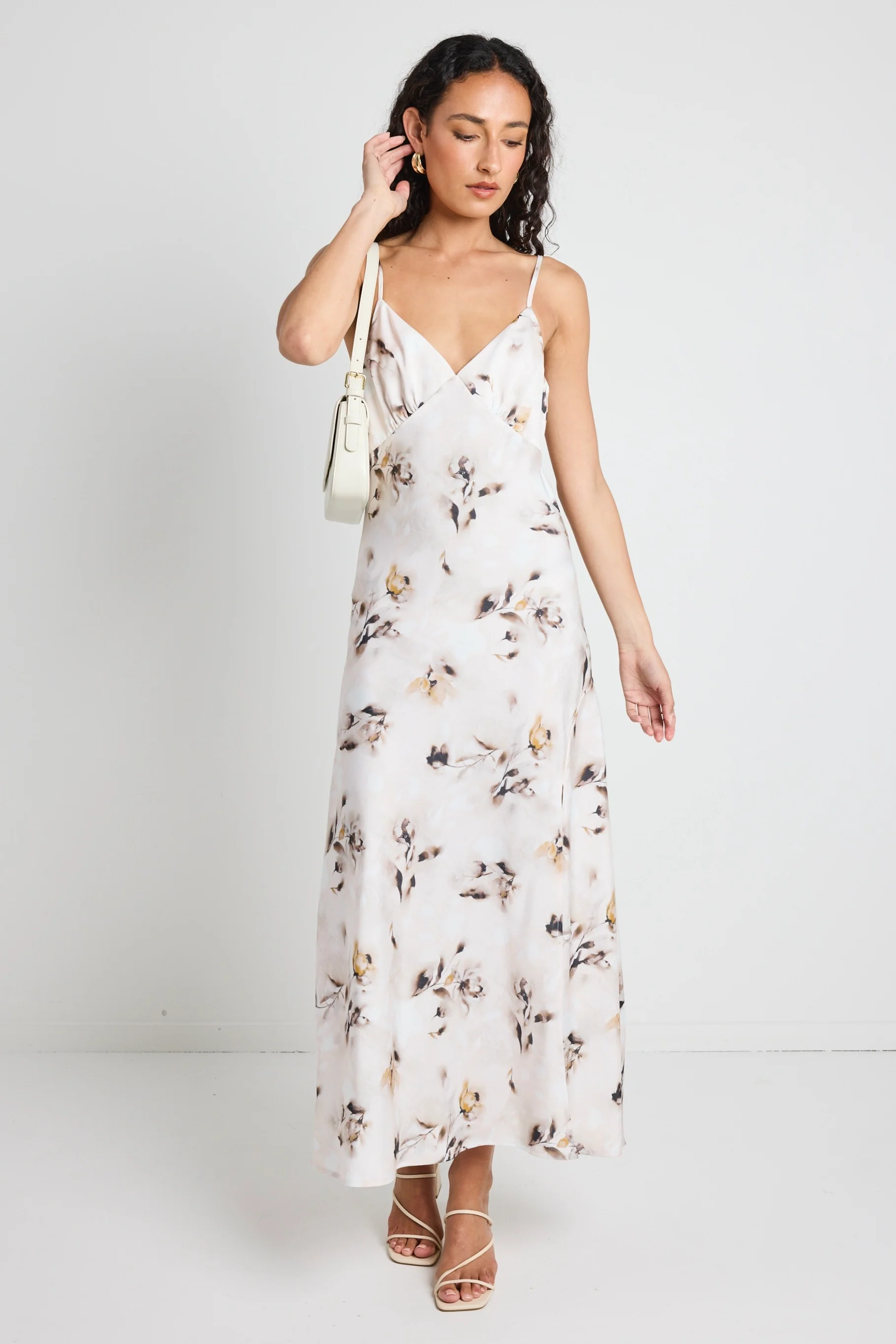 Otherworldly Champagne Floral Satin Bias Slip Midi Dress - Image 3