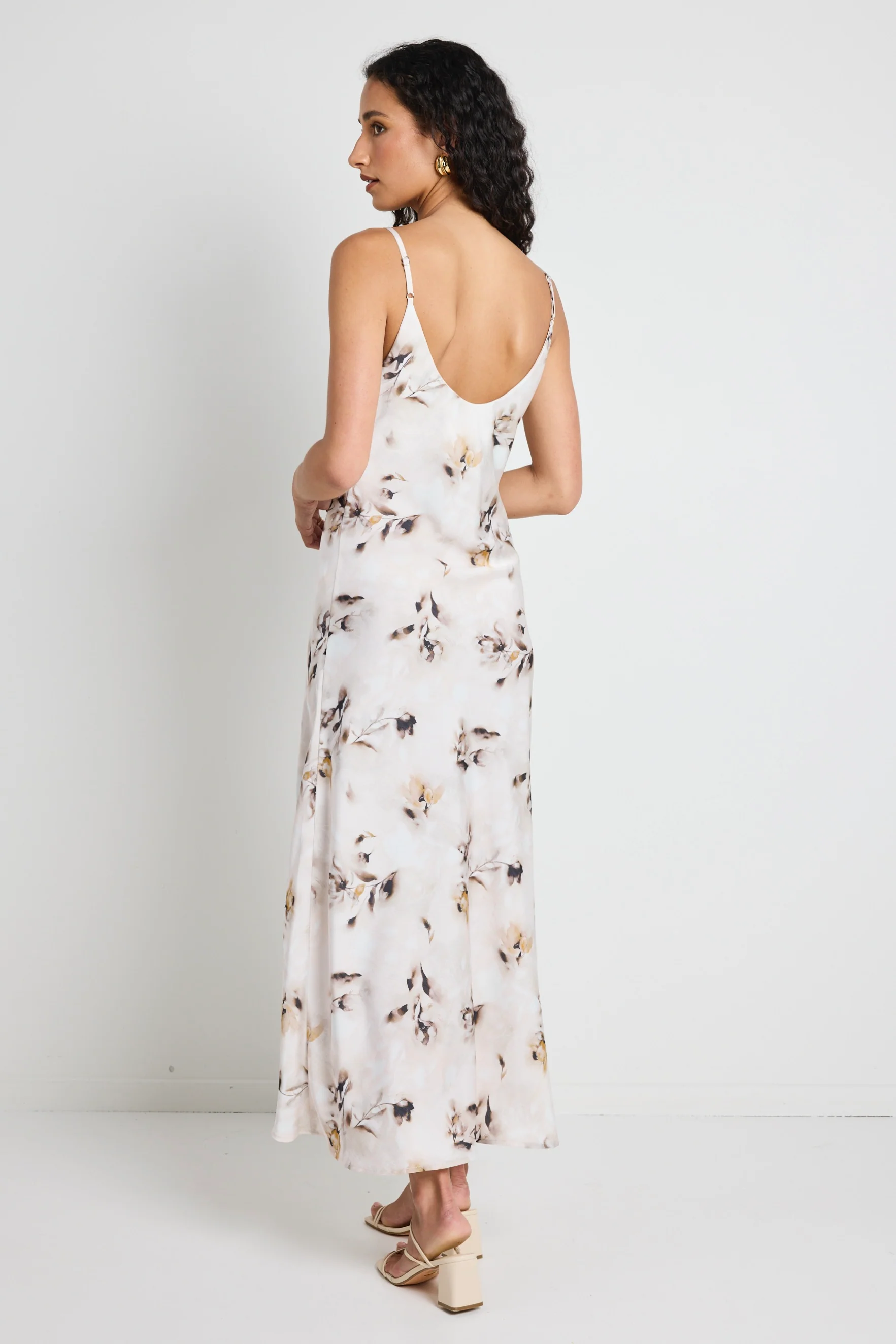 Otherworldly Champagne Floral Satin Bias Slip Midi Dress - Image 4
