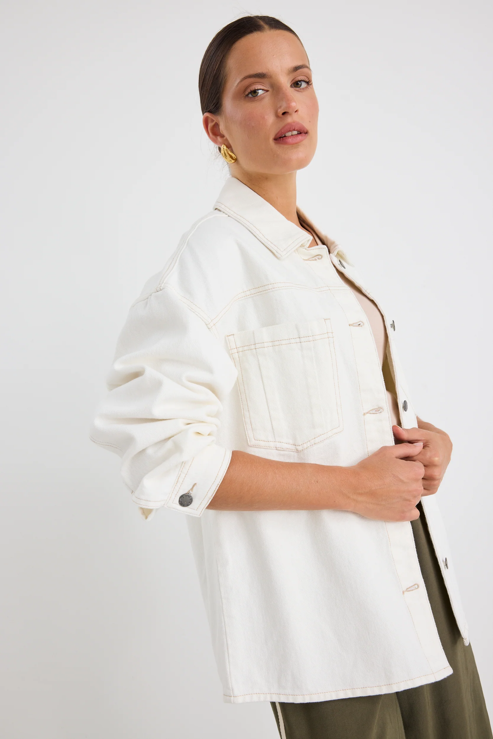 Outback Soft Ivory Relaxed Patch Pocket Denim Shacket