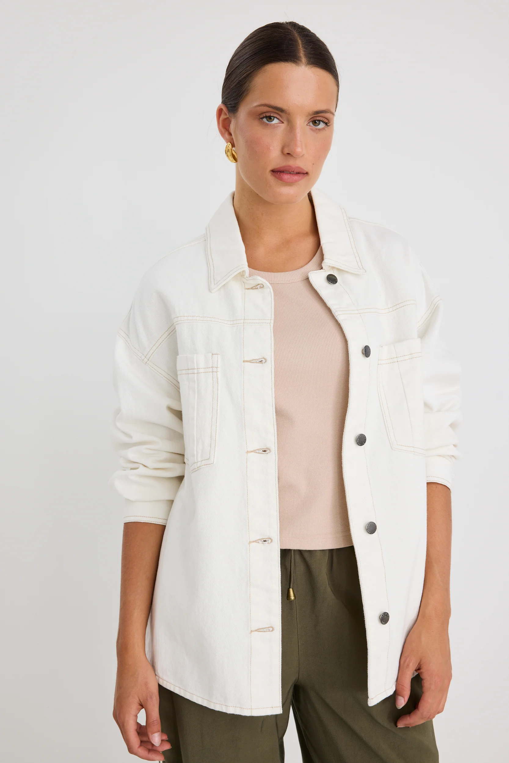 Outback Soft Ivory Relaxed Patch Pocket Denim Shacket - Image 2