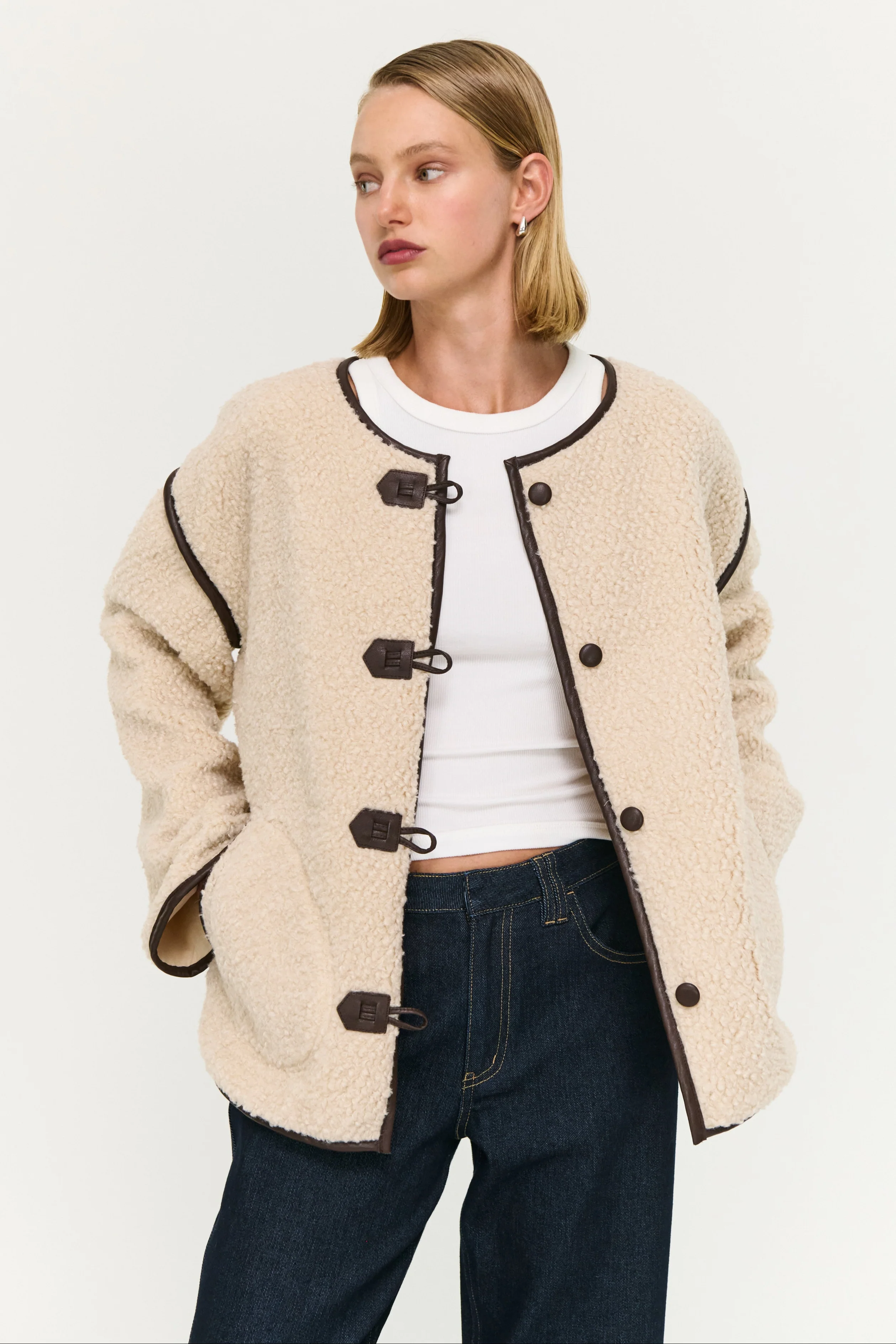 Pascal Beige Teddy Chocolate Trim Duffle Coat