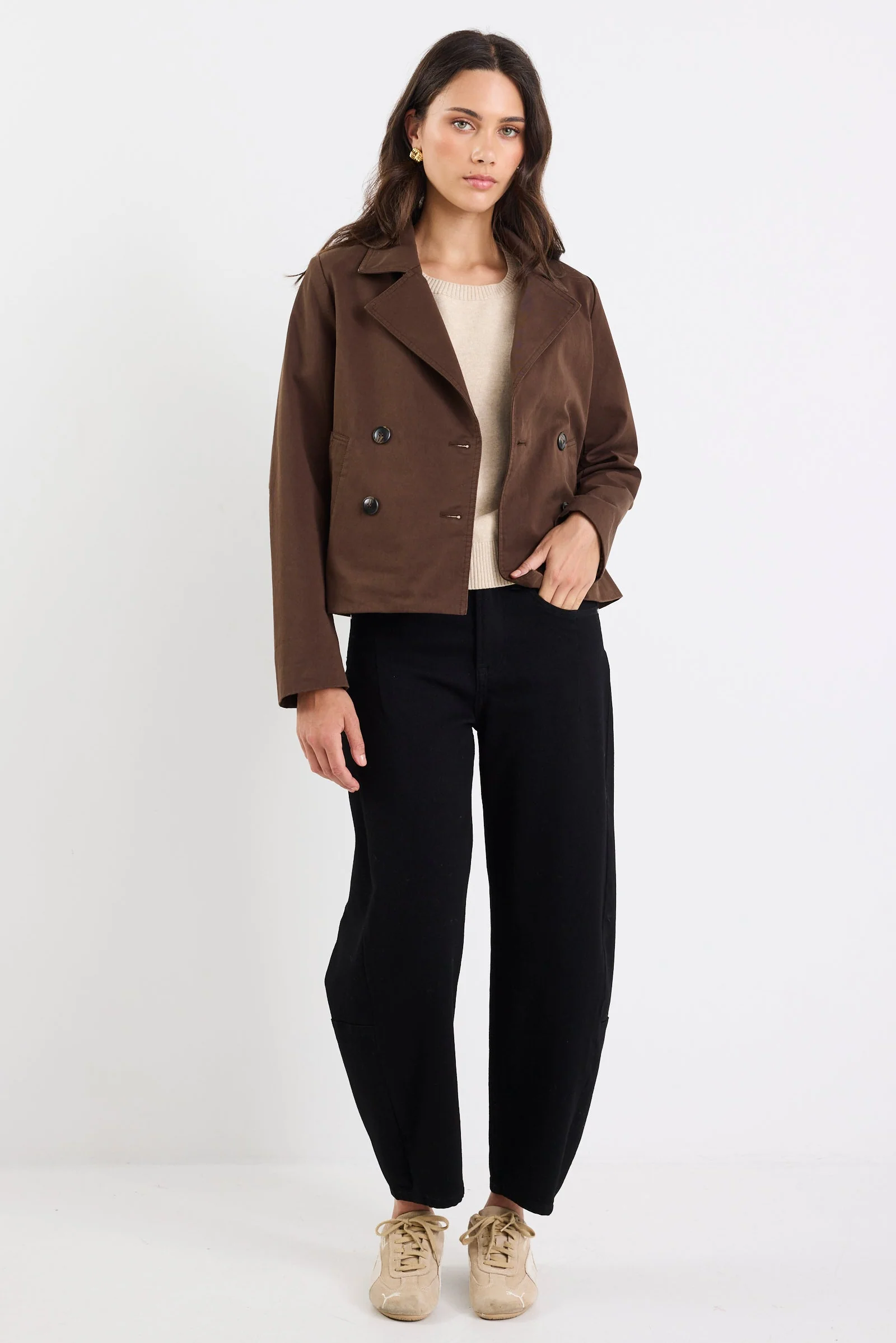 Pathway Chocolate Cropped Trench Jacket - Image 2