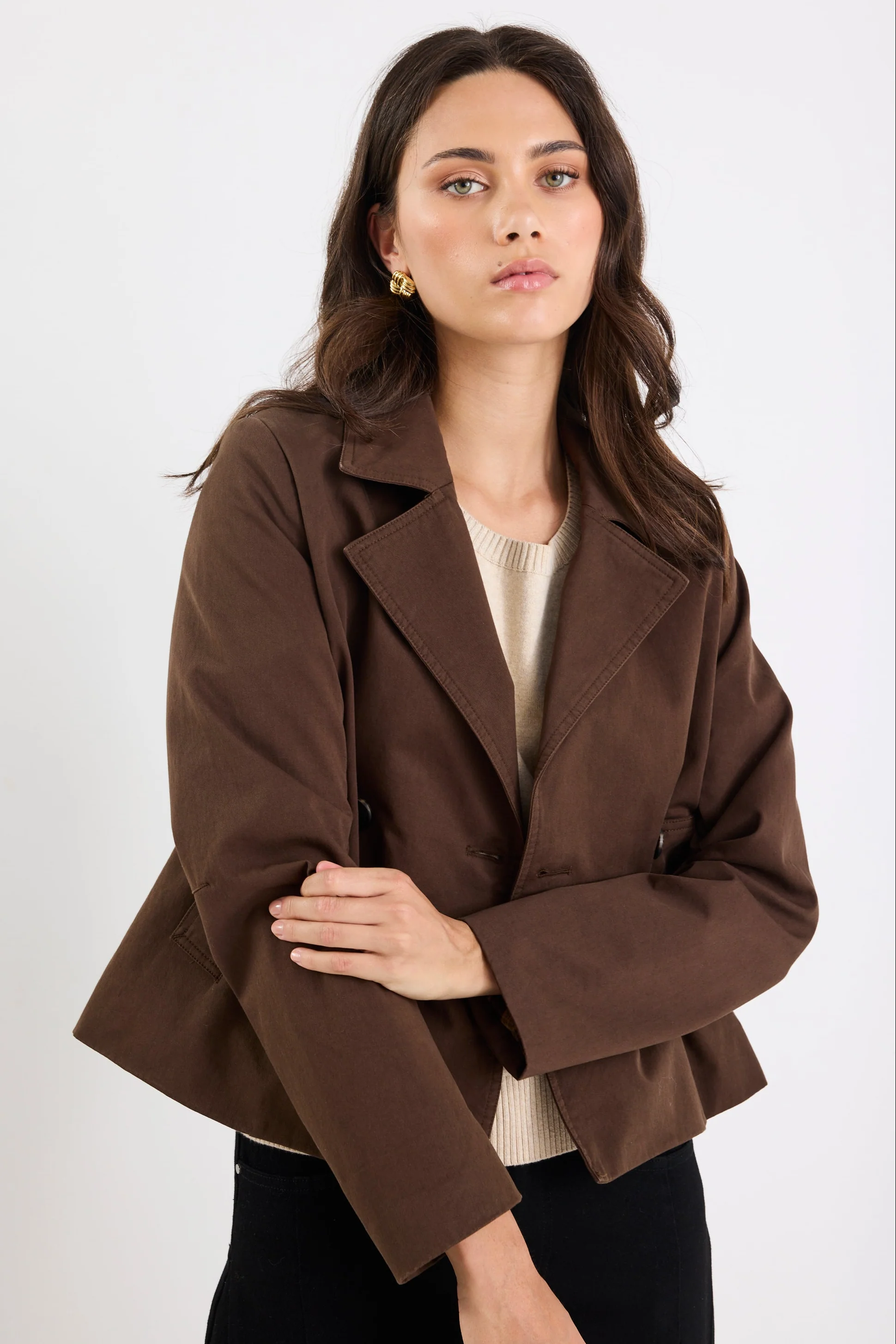 Pathway Chocolate Cropped Trench Jacket - Image 3